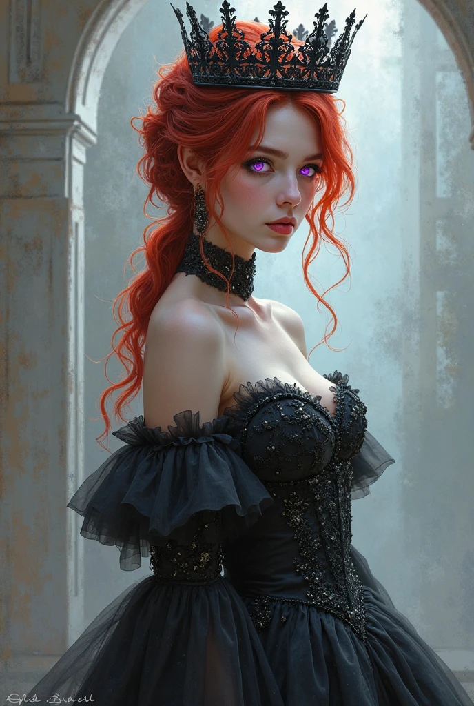  make a pale girl, with red eyes, He had long, dark red hair, a white women&#39;s shirt with a high collar, Exaggerated ruffle hem and long sleeves, a short black skirt and big breasts 