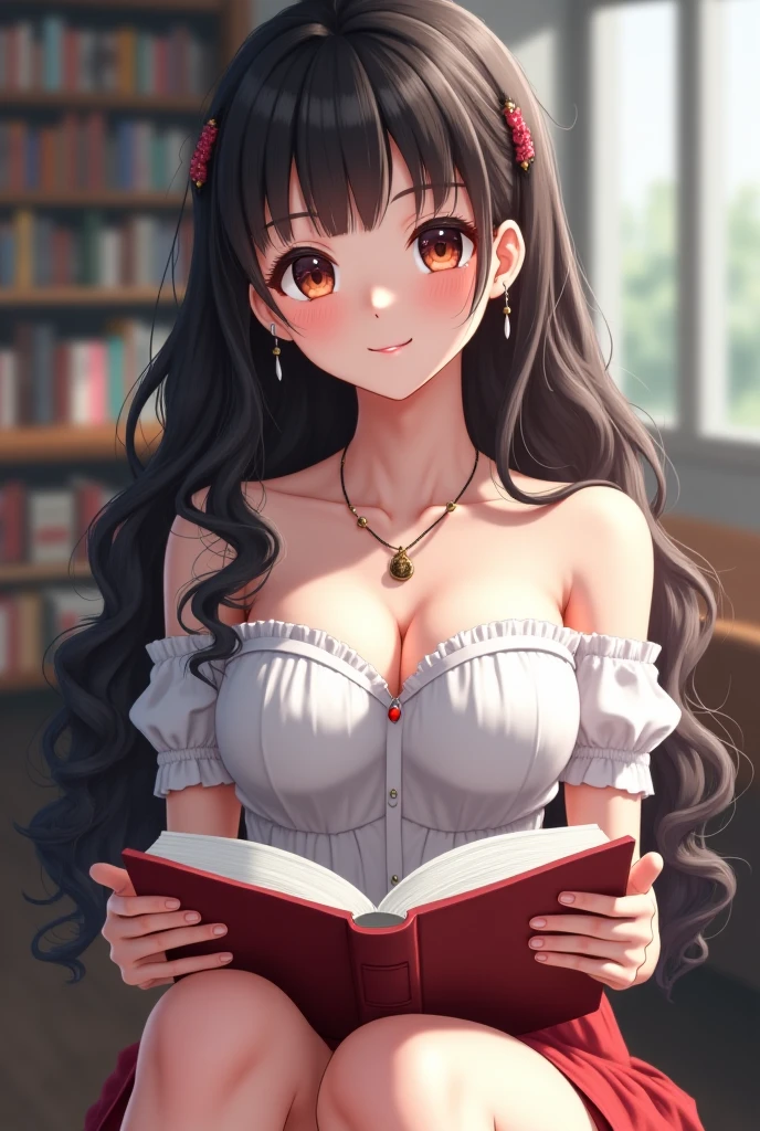 8K，Extremely high image quality，A high resolution, guy, Solo, Detailed face，Stunning face，thigh boots, hair adornments, view the viewer, Beautiful eyes,pony tails，The princess cuts the bangs, sitting in the garden reading the book, beautiful blue eyes and black hair.