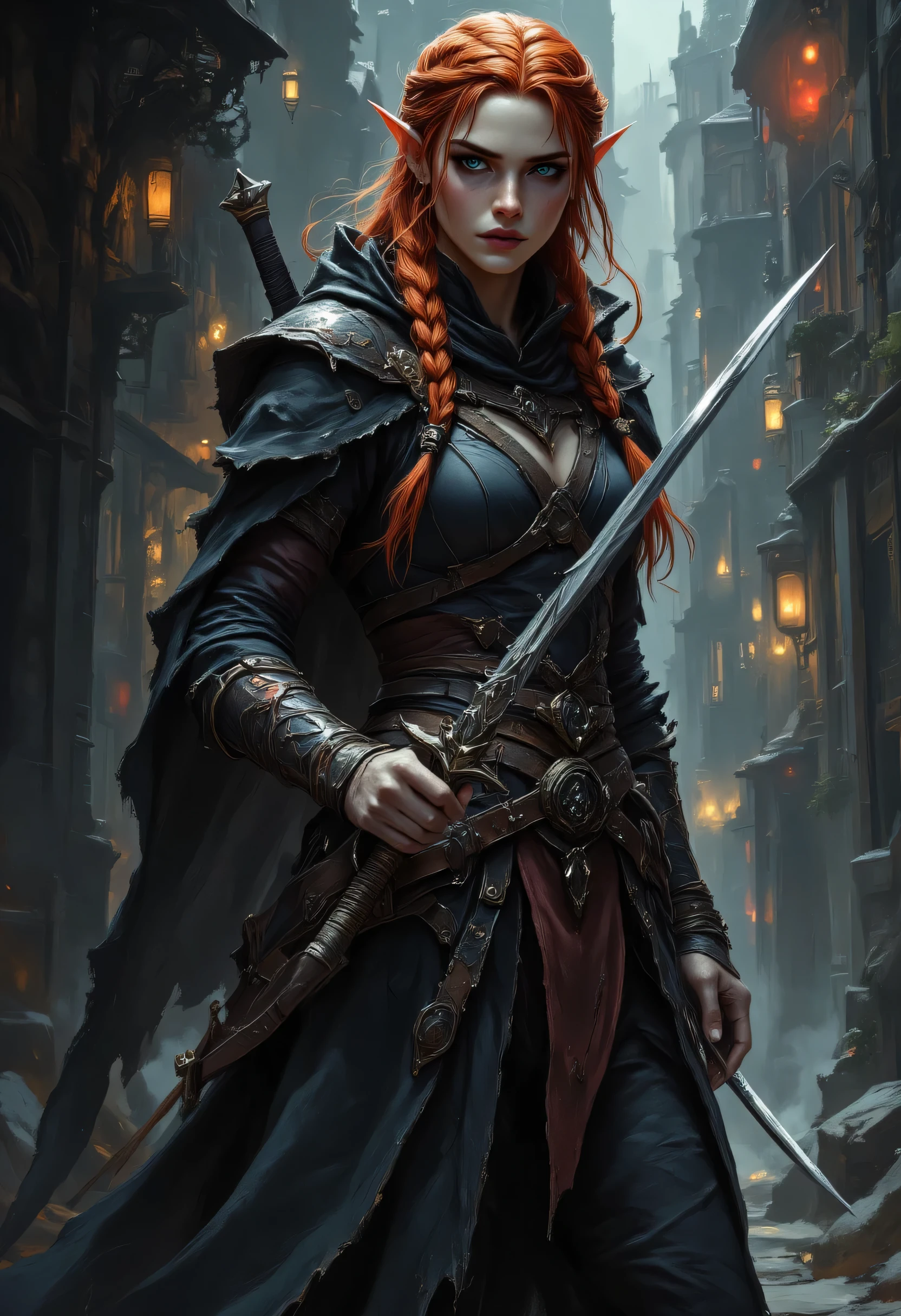 a picture of a female elf, fantasy swashbuckler, fantasy fencer, armed with a slim sword, shinning sword, magical sword, metallic shine, colorful clothes, full body, epic beautiful female elf, red hair, braided hair, small pointed ears, wearing  black cloak, long cloak, wearing elven leather armor, colorful armor, sense of daring, sense of adventure fantasy street, high details, best quality, 16k, [ultra detailed], masterpiece, best quality, (extremely detailed), dynamic angle, ultra wide shot, photorealistic, RAW, fantasy art, realistic art,((best quality)), ((masterpiece)), (detailed), perfect face, fantasy, Digital painting style, brushstrokes