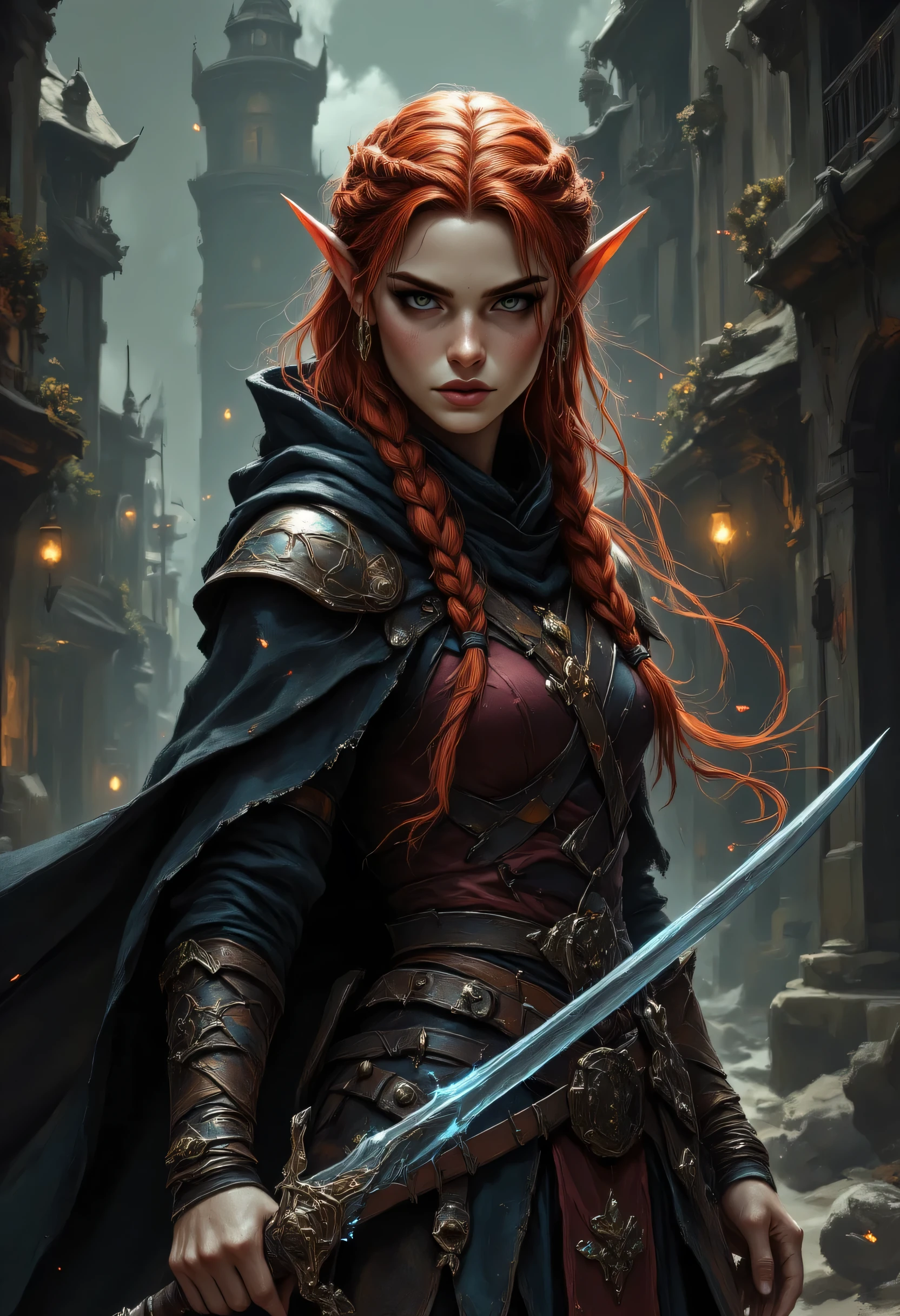 a picture of a female elf, fantasy swashbuckler, fantasy fencer, armed with a slim sword, shinning sword, magical sword, metallic shine, colorful clothes, full body, epic beautiful female elf, red hair, braided hair, small pointed ears, wearing  black cloak, long cloak, wearing elven leather armor, colorful armor, sense of daring, sense of adventure fantasy street, high details, best quality, 16k, [ultra detailed], masterpiece, best quality, (extremely detailed), dynamic angle, ultra wide shot, photorealistic, RAW, fantasy art, realistic art,((best quality)), ((masterpiece)), (detailed), perfect face, fantasy, Digital painting style, brushstrokes