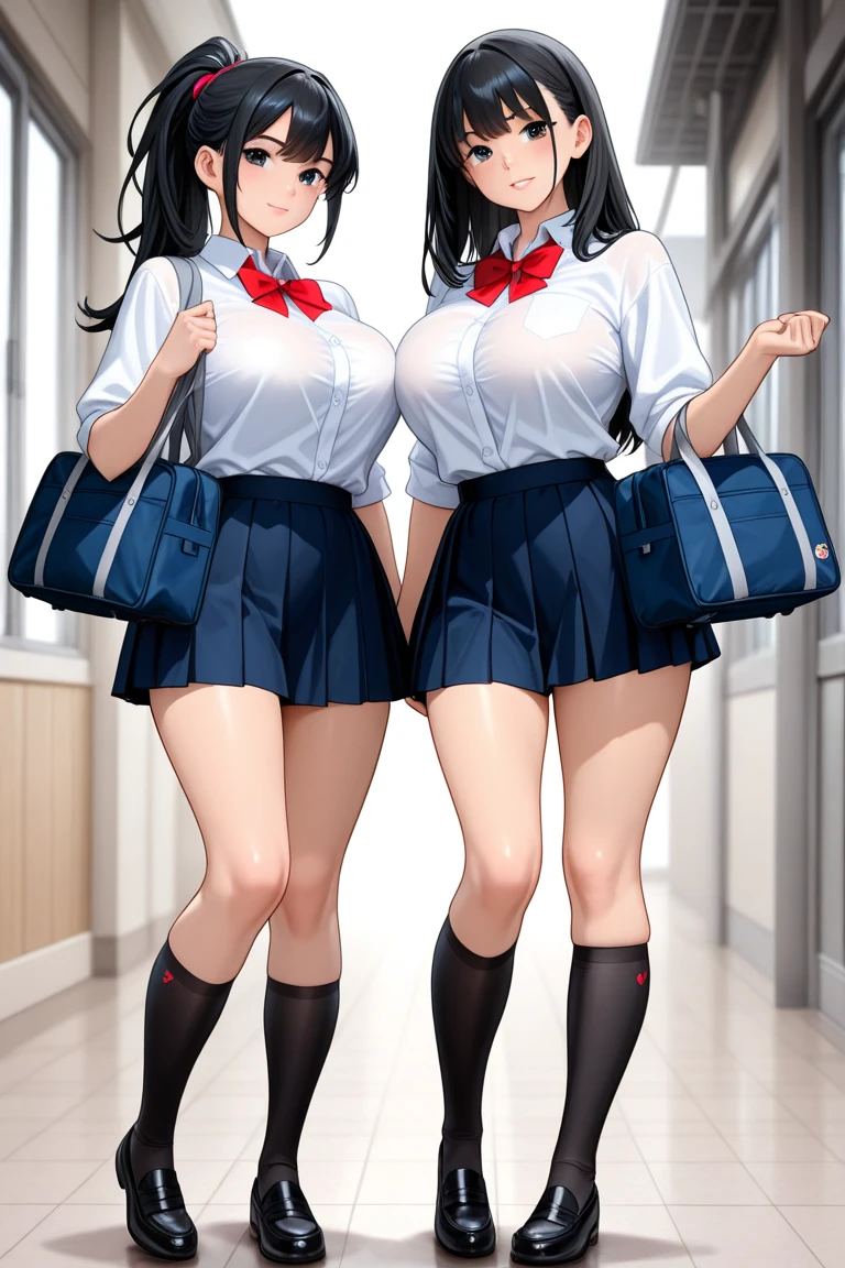 Naughty pose, emphasis on breasts, big breasts, school uniform, wet and sheer, in underwear, cute bra, hands on the crotch, clear liquid leaking from the crotch, cute underwear, long bangs, glaring girl, 16 years old, big breasts, black hair pigtails, pattsu, black hair, brooding, glasses, chubby,, red cheeks,