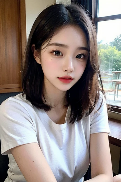 14 years Old young beautifull South Korean girls, beauty face, Cute face, Sweet face, thin, Lazy-low ball head hair style, lipstick, With tank top, night, Girl With a perfect figure, Thin body