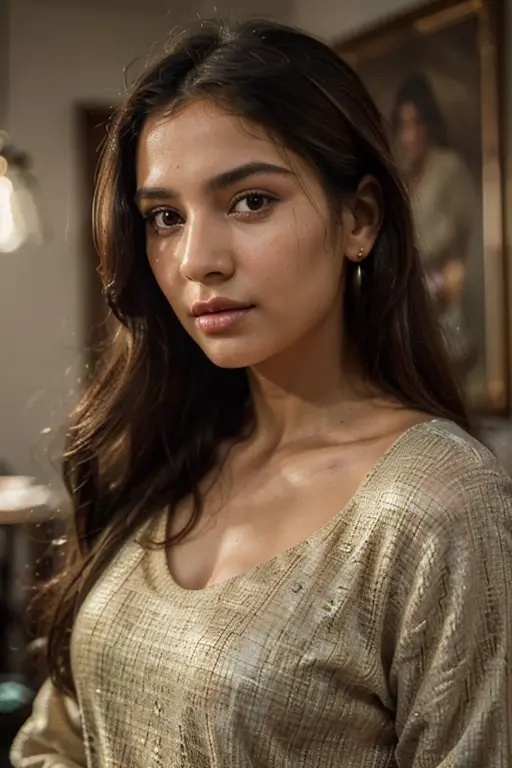 (Best quality, Ultra-detailed, Golden Ratio, Masterpiece:1.2), Studio lighting:0.7, Photorealistic portrait of a beautiful pakistani woman posing at a scenic location, turning her head to the side to showcase a striking earring to the camera. The woman should have a flawless, highly detailed face (Highly Detailed Skin) with soft, luminous skin. Her long hair should be naturally brown and stylishly arranged. The focus of the image on her face (Sharp Focus on the Face, Perfect Eyes:1.2). The scene should be rendered in muted, warm colors, with the woman standing under a spotlight casting a soft, natural light on her. The photography should feature high-quality film grain (ISO 400, 30mm lens RAW f1.8 aperture, highly detailed) to create the impression of analog photography (Analog Photography:1) with HDR colors, the scene both realistic and stylish. The image should be a full body shot, from head to toe. The woman should be wearing a modest and colourful clothes