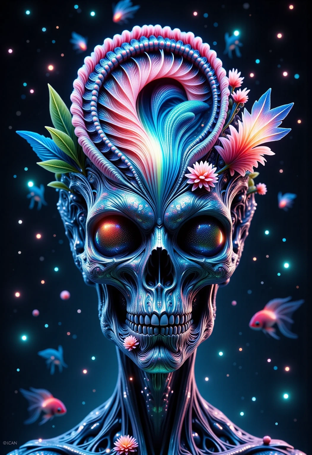 Human Skull House，fish，plant，flower，Tentacles，Eye、Starry Sky，Stitching together an abstract painting，Describing the inner world of autistic people，Sense of space，White Space，interesting，Innocence，Psychedelic Art，Pink theme