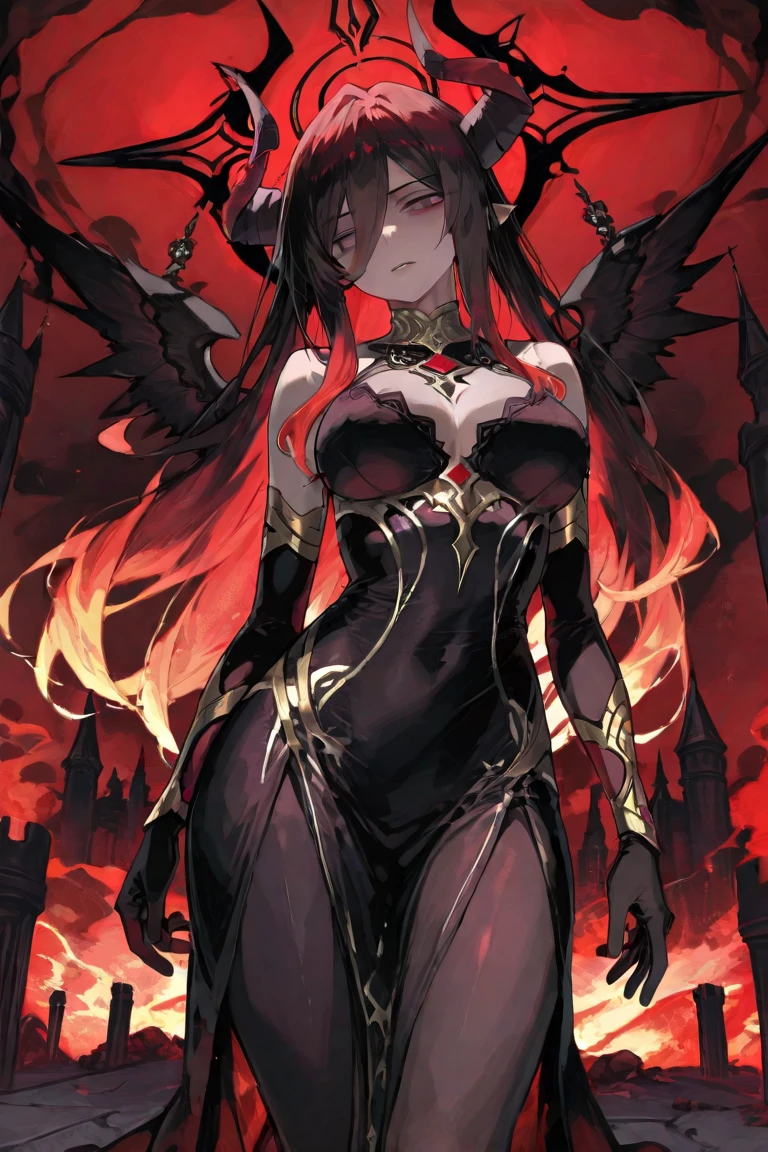 beautiful woman with demon wings, long black hair, wearing breast bands, an open red skirt, with many jewels, Tiamat, dragon goddess, golden horns, villain