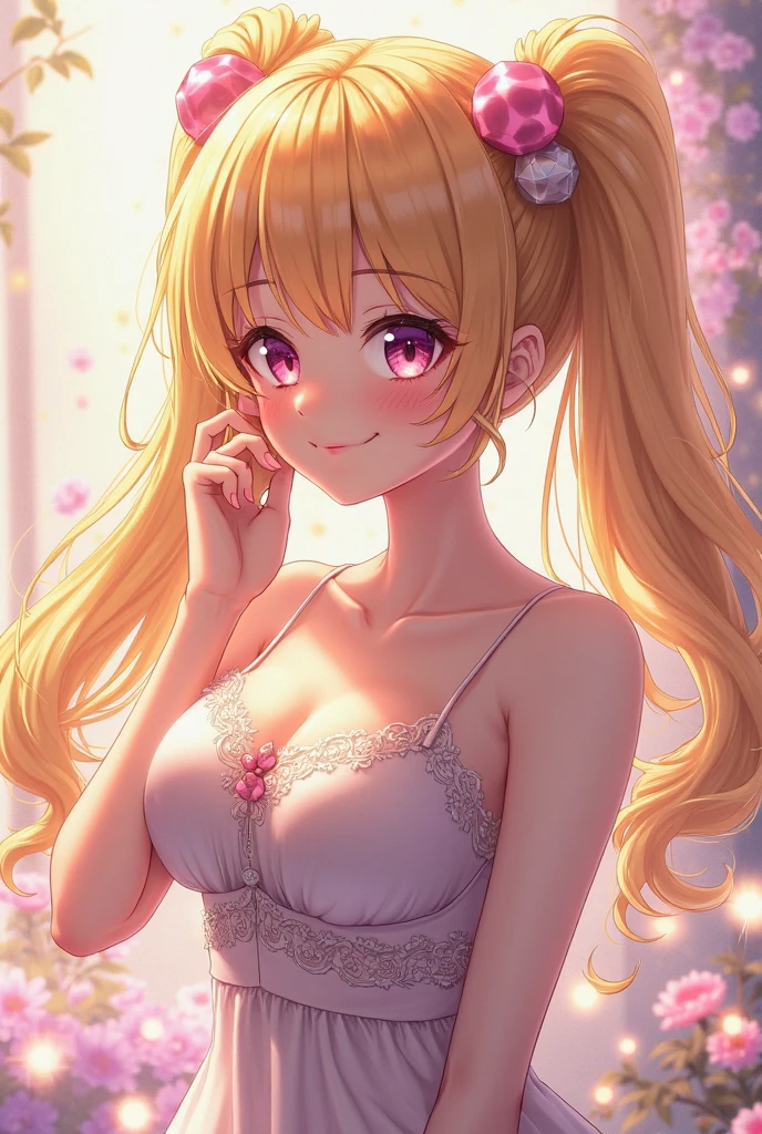 masterpiece,best quality, ultra-detailed,1girl(sakurai momoka, lovely small breasts, naked body, wavy hair, long hair, blonde hair, headband, pink flower in hair,green eyes, half-closed eyes), a come-hither face, parted lips, nose blush, blush, facing viewer , looking at viewer, head tilt, solo, pajama, cleavage, in the bedroom, night time, standing, come-on