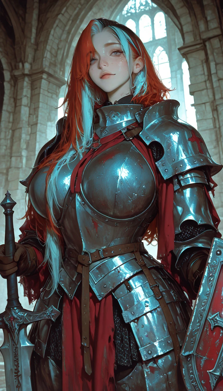 Red-haired warrior, detailed, 1 girl, beautiful, green eyes, 8k, artwork, ultra realistic, medieval costume, armor, steel breastplate, steel gauntlets, steel boots, red skirt, miniskirt, ((crouch)), open legs, panties, showing panties, white panties, upskirt, cameltoe, nsfw