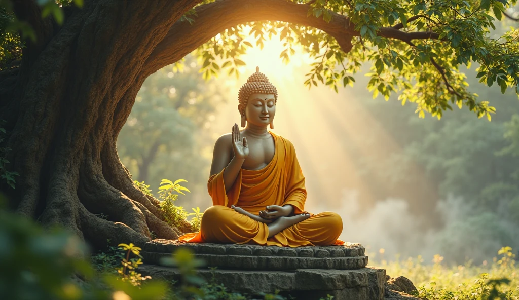 Depicting Siddhartha's meditation under the Bodhi tree, So he decides to stay until he finds the truth..
Capture the moment of enlightenment, There he discovers the Four Noble Truths and the Path to Ending Suffering, Becoming a Buddha, 「The Awakened One」.
