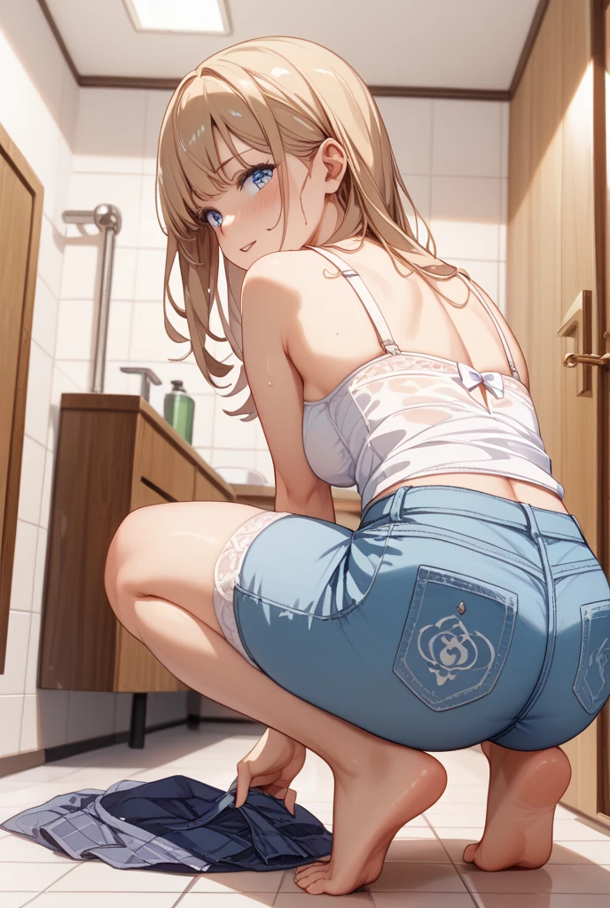 1 Female, alone, Young girl, 16 years old, Straight blonde long hair, Blunt bangs, blue eyes, (smile), (masterpiece, Highest quality:1.2) Delicate illustrations, Super detailed, Medium chest, (((Backwards、look back、Stick your butt out)))、((Full Body Shot)), (topless、Light blue panties), living room