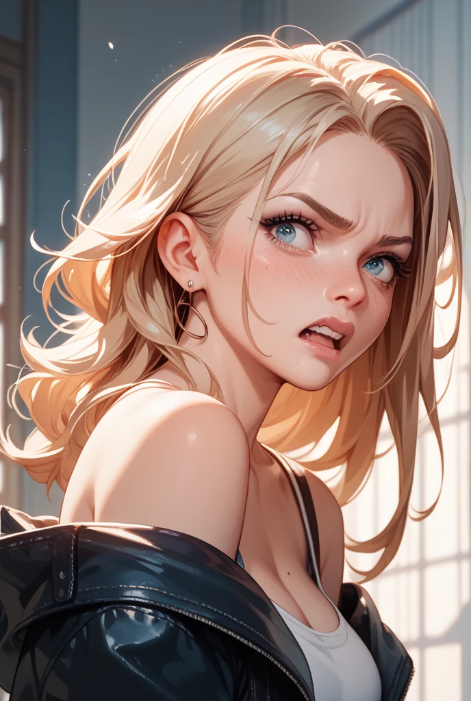 Stone Grey skin color, platinum blonde hair in short middle part undercut, red glowing eyes, vampire teeth, scars, black outfit, white studded belt, curvy, masculine, beautiful, sharp jawline, thicker lips, long eyelashes, straight nose with small bump