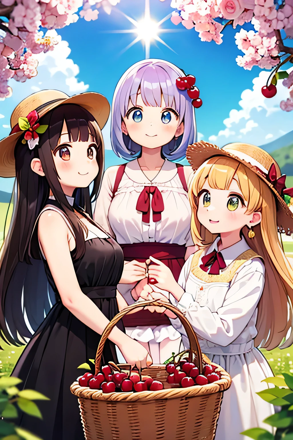 (highest quality:1.4)、High resolution、detailed background)、(detailed beautiful face:1.4)、detailed facial expressions、Anatomically correct、beautiful and smooth skin、Beautiful woman in her 30s、three beautiful girls、(huge breasts:1.3)、cute hair color、brown hair、braided bob、braided ponytail、realistic、perfect body line、cute、under the blue sky、Picnic on a green meadow、cowboy shot、
(Three women chatting and eating while sitting on a colorful picnic blanket:1.5)、
Floral sundresses and flared skirts、Looking at me with a happy expression、A big smile、
Bringing a handmade lunch box or fruit will make it even cuter.、cute
