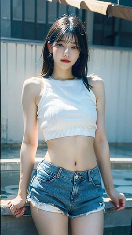 Dark brown hair、Light brown eyes、Japanese actress、 Lady、I am about 40 years old.、Hot Women, Natural Makeup, Long wavy hair, Chiban tying up hair, (Perfect body, Big Hips, No bra, model, Underarm), (White tank top ), (Ripped denim shorts), High heels, Stiletto heels, Sunshine on the roof, SkyPerCity Background, Dynamic Light, Depth of written boundary, Dynamic Angle, Frank, whole body、