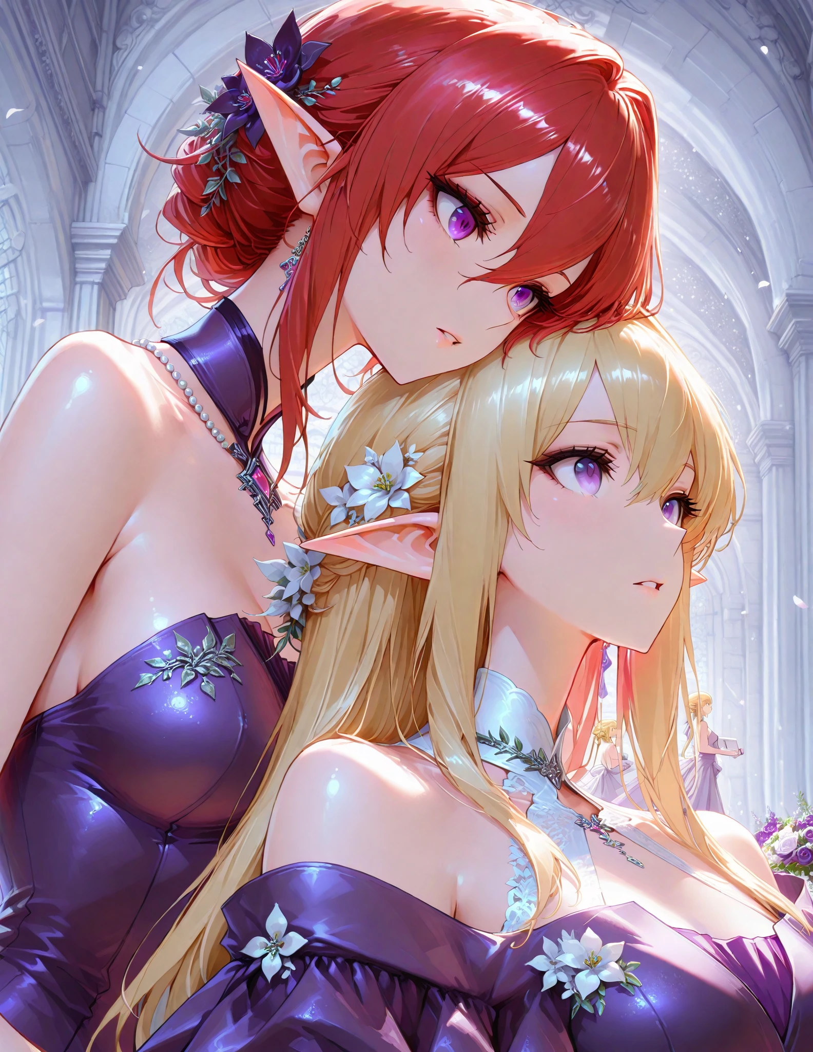 Girl with long, light blonde hair and cute, shy rose in her hair. She is wearing a scarlet outfit with wings and adorned with amber jewels. Her blue eyes are captivating. High quality and high resolution result in stunningly beautiful images. The overall aesthetic is delicate and enhanced with floral petals.