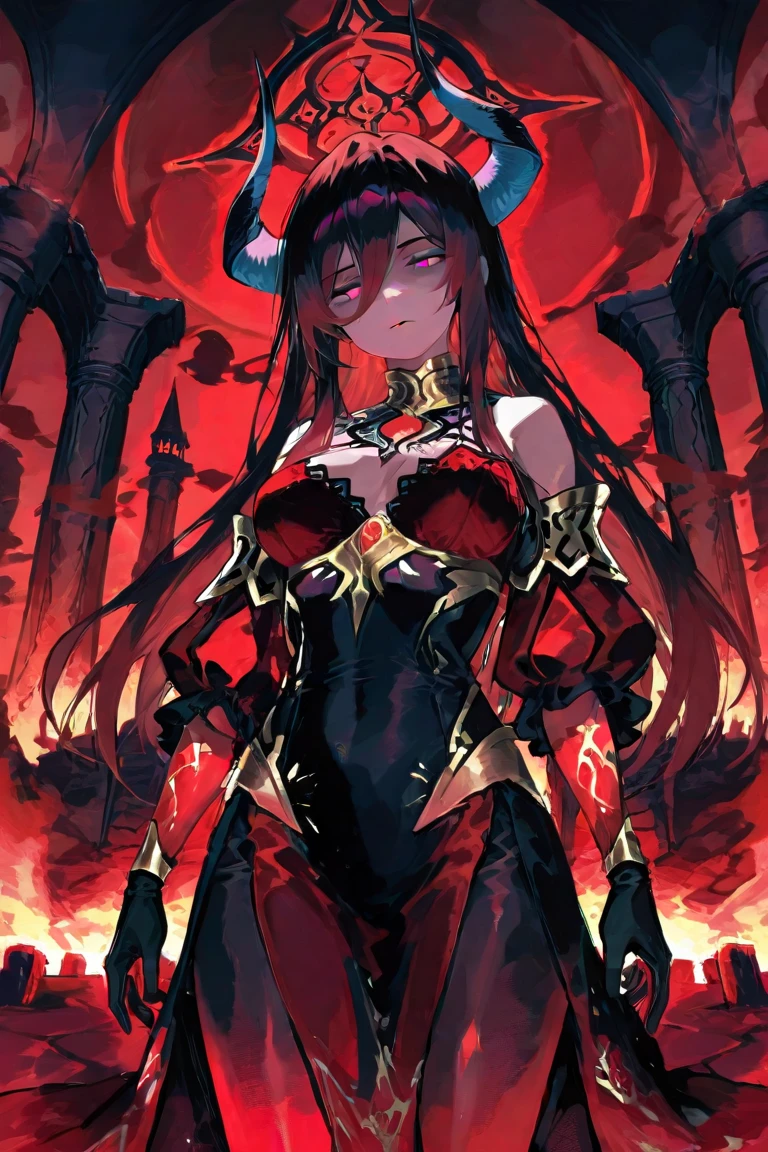 Create an image of the most stunningly gorgeous beautiful wicked oni, Stunningly gorgeous perfect face, perfect makeup, detailed perfect silky smooth skin texture, detailed hour glass body figure, very long styled hair, shion armor spike,