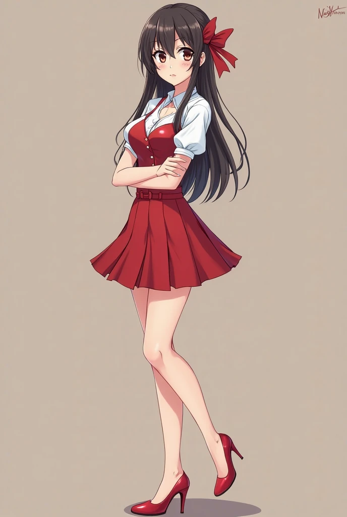 Hot Anime girl , black skirt , pink short shirt , standing position , open shirt two battans
