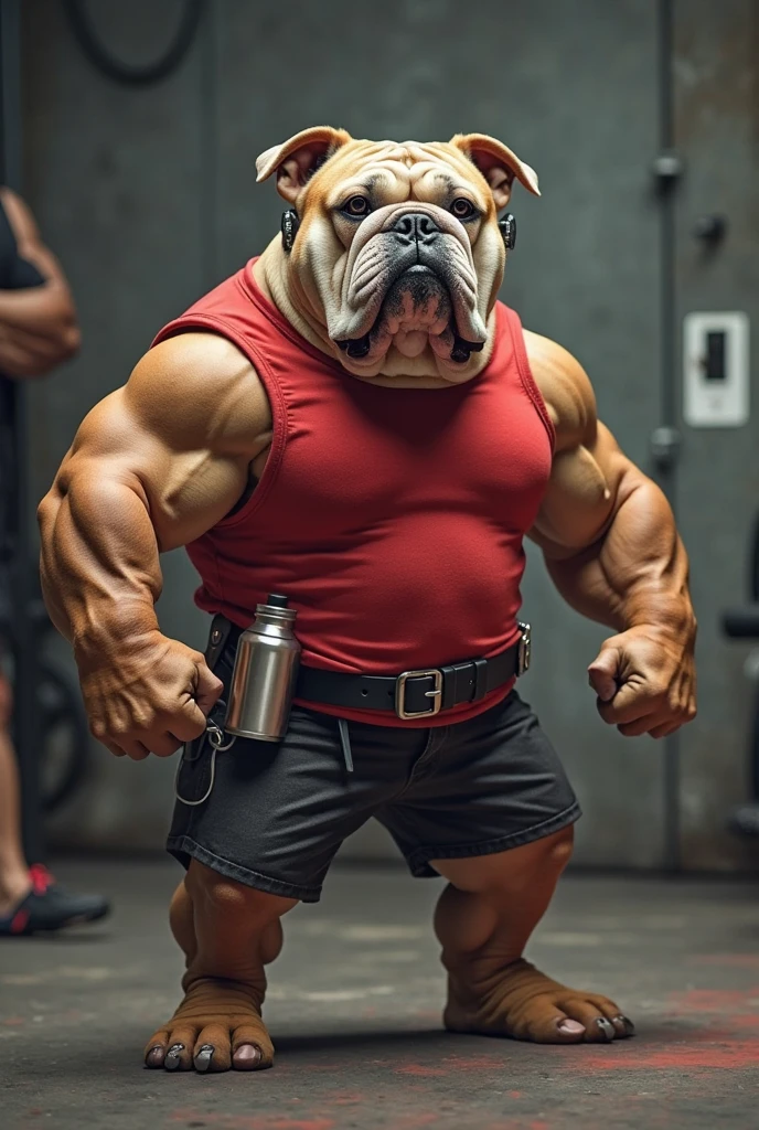 A bulldog,Posing for a photo, muscular的性格, Exaggerated muscular physique, muscular的体格, Big Muscle, Extreme muscles, muscular,Frightening, wrinkles and muscles, Dog Face Muscle Goblin, muscular, very beautiful. Big Muscles, muscular的性格s, muscular的牛头人, Muscle bulge, muscular, Big Muscle
