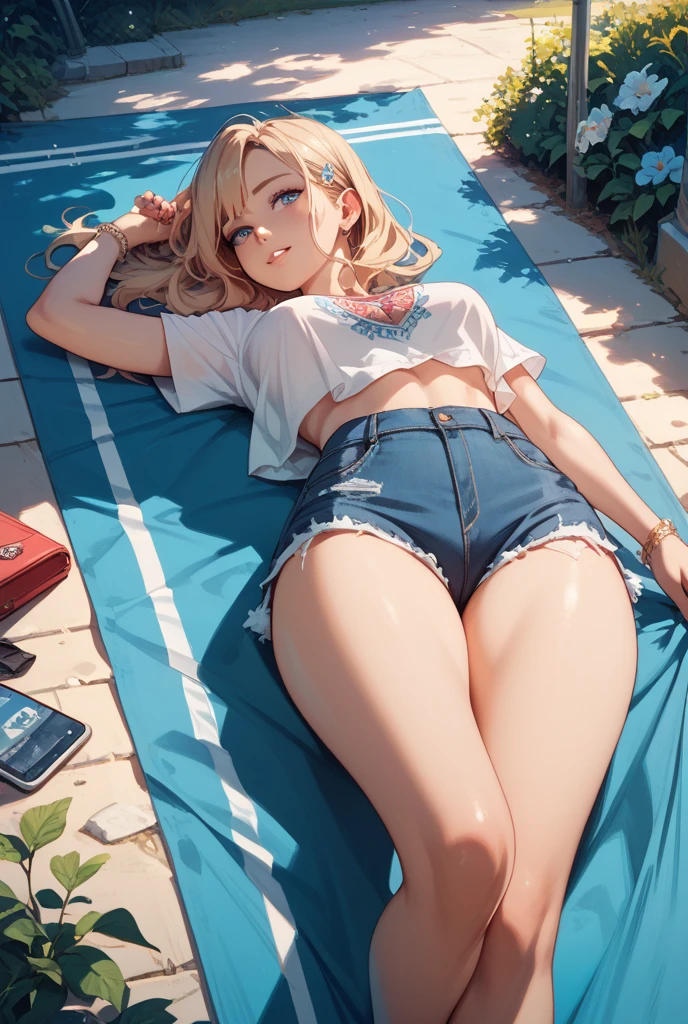 ((high resolution)), (masterpiece)), ((best quality)), ((ultra detailed)), ((super fine illustration)), (beautiful girl),
(cleavage), (clothes less), (cute girl), 1girl, solo, breasts, medium breasts, looking at viewer, blush, smile, navel, outdoors, (lying:1.5), on grass, on back, parted lips, stomach, arms behind head, cowboy shot, Super beautiful CG,high resolution, on body, blush, not towel, (Shy smile)
(Bold),
((sexly))
looking at the camera,((No towel)),(〔No swimsuit)),((Invisible underwear)),
((Invisible Shirt)),
(Show your belly),Show both shoulders,((Showing boobs)),Show your chest,Show your flank,(Showing nipples),Show your genitals,((juice)),(((expand your legs wide) ) ),
((Spread your legs wide))),
(((Open your legs to the left and right)),