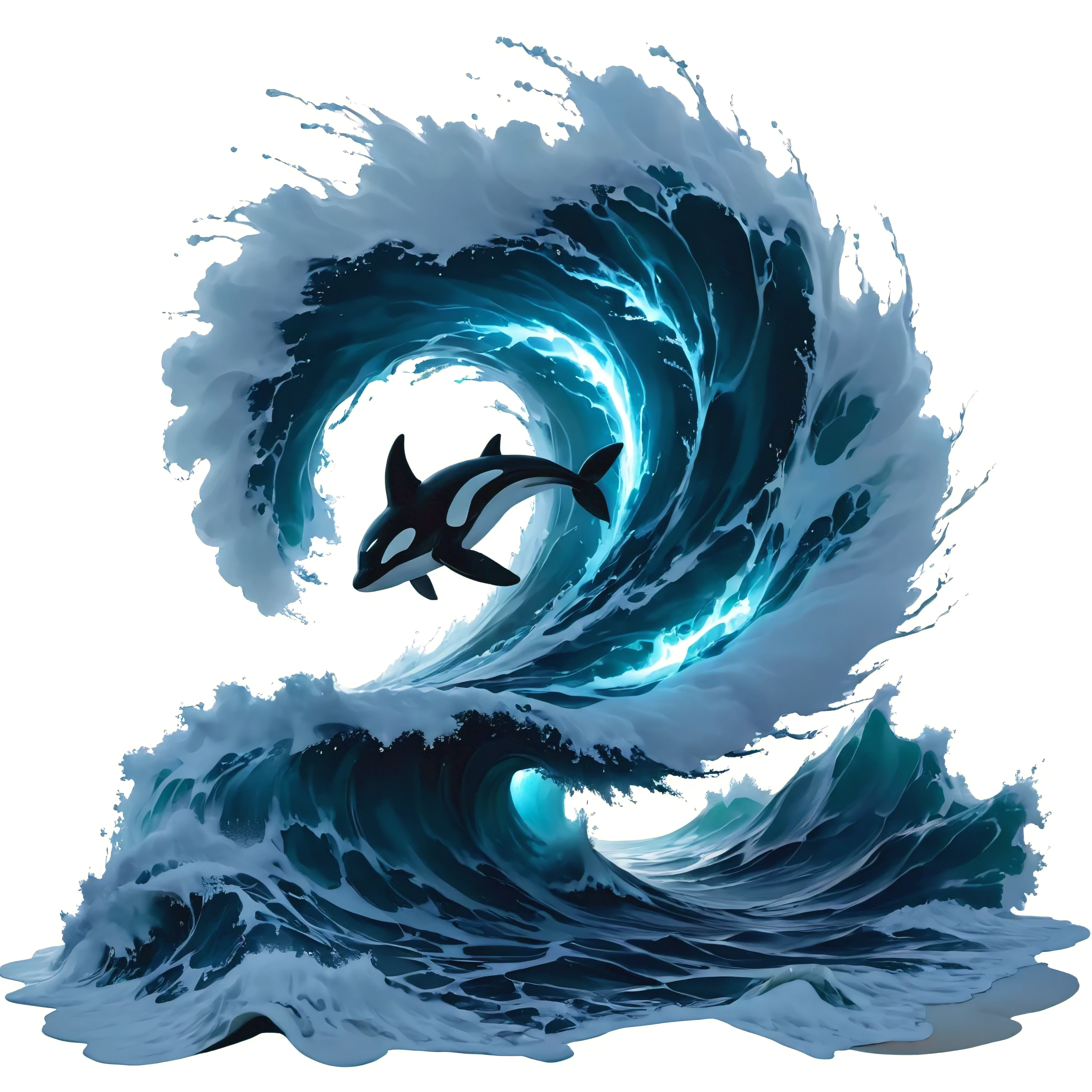 a big wave, 2, an orca jumps out of the wave, glowing lightnings in water, waves, ocean theme, concept art, white background