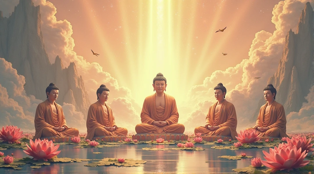Minimalist Buddhist-inspired illustration: central golden Ariya figure, elderly parents, and monks in saffron robes. Peaceful backdrop with thought bubbles. Warm colors, emphasizing reverence and mindfulness. Modern style with traditional elements. Including the old parents