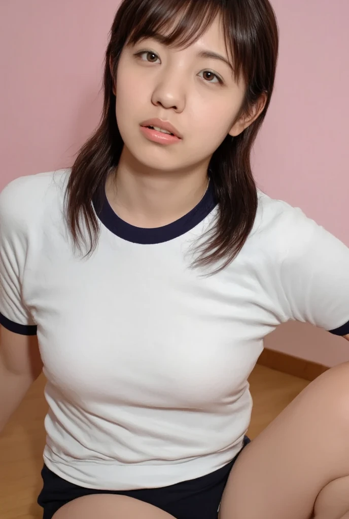 alone、、high school girl、Natural body shape、White skin、Whitening、Natural Makeup、(Black Hair)、(bangs)、(Straight Long Hair)、(short sleeves),(buruma:1.5)(old Japanese white Gym Uniform:1.5)(tight dark blue bloomers:1.5)(Big Breasts:1.5)、Smart Body、(Bedroom:1.3)、(looking at the camera:1.3)（from front:1.8）(Wear gym clothes on the upper body:1.2)(crossed arms:1.5)(full body:1.4)