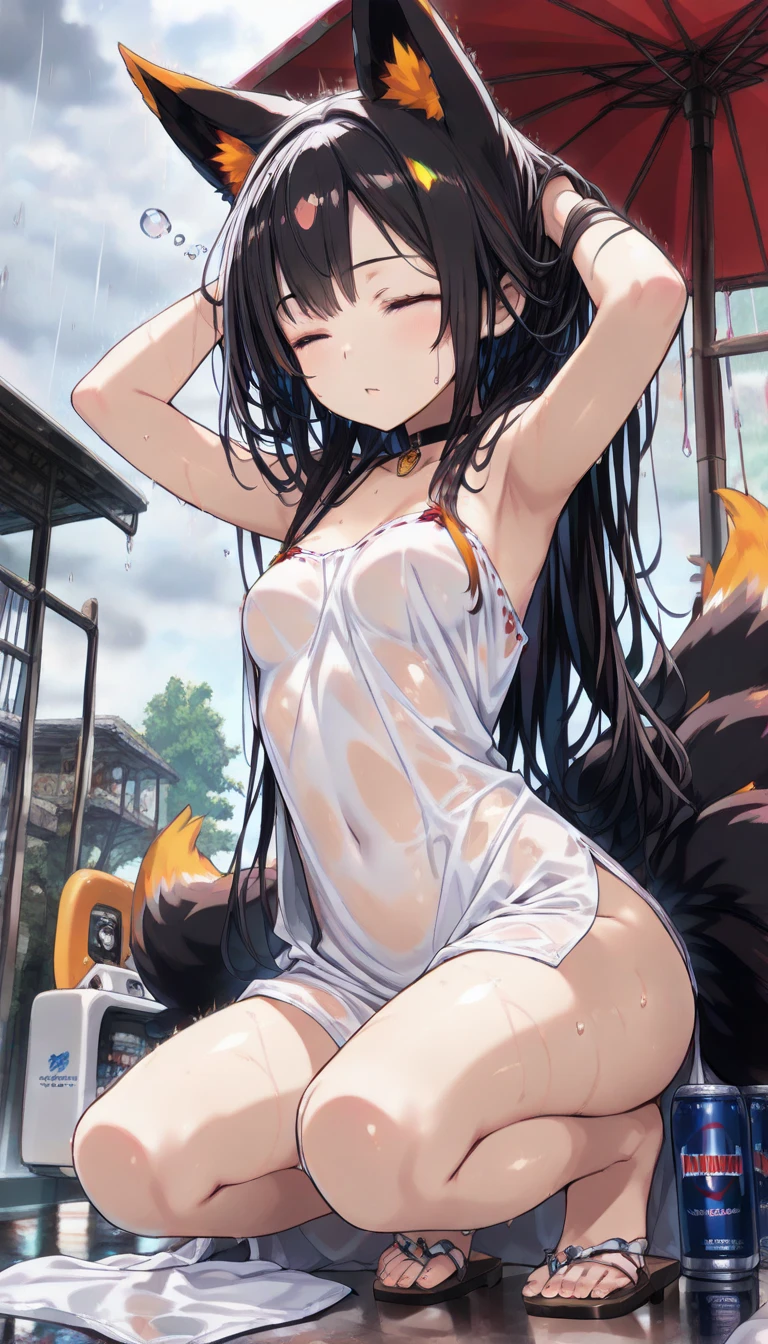 cute dog girl, nsfw, (((showering naked in a waterfall))), (((((((slight smile))))))), (((((((blushing))))))), (((grey eyes))), ((((hand covering both breasts)))), large breasts, (((nipple))), (((((hand covering crotch))))), ((((((sitting on her knees)))))), (((focal point))), ((close-up full body shot)), ((dynamic angle)), (((long hair))), (black hair, wet and shiny), (dog ears), (dog tail), (black dog collar), ((detailed water droplets, sunlight filtering through trees)), ((dynamic and beautiful lighting)), BREAK, masterpiece, UHD, detailed and high quality, serene atmosphere, vibrant colors, flowing water, detailed background, joyful mood, intricate details, natural beauty