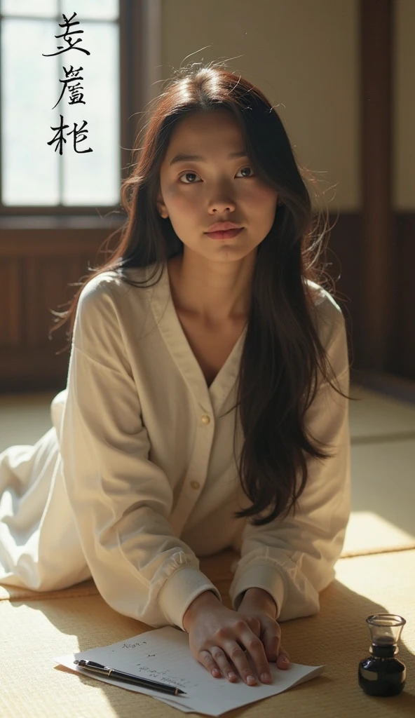 A hyper-realistic image of a single Japanese woman in her early 20s, captured with the nostalgic warmth and subtle graininess of a film camera. Her skin has a warm beige tone with a natural, slightly rough texture that includes visible pores, fine lines, and subtle imperfections such as small blemishes, adding to the authenticity of her appearance. She is standing in a cozy, softly lit room with wooden furnishings and vintage decor, reminiscent of a traditional Japanese home. The soft, diffused natural light filters through shoji screens, casting gentle, warm shadows that enhance the film-like quality of the image. Her straight, glossy black hair frames her face in a natural, slightly tousled manner, and her deep brown eyes reflect the ambient light, adding depth and emotion. The film camera effect introduces a slight grain and a softer focus, giving the image a warm, nostalgic atmosphere while maintaining the realistic texture of her skin. She is dressed simply, in a way that complements her natural beauty, with the overall composition designed to evoke a sense of genuine, understated elegance. The warm, vintage-inspired setting combined with the film-like qualities creates a serene, timeless image that captures the imperfections that make her beauty truly lifelike.