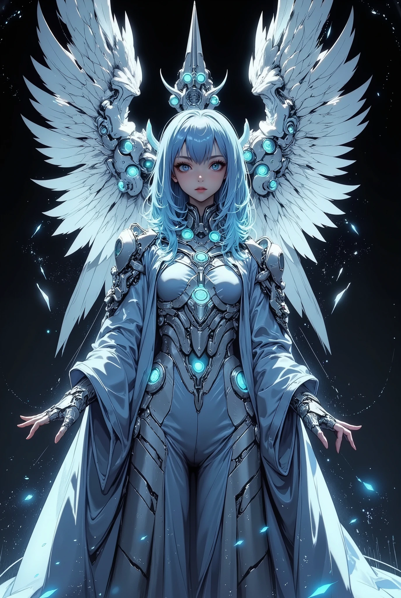 Erciyuan,bailing_machine,a human girl with floating mecha parts surrounding,Full figure,full body shot,18 years old,wearing transparent science fiction clothes,exquisite face,details,hands,ultimate details,breathtaking grandeur,LED internal lighting,cyberpunk style,fibre optic hair,glowing blue iris,In a darkened void,a figure with glowing eyes and a radiant halo hovers. The robot priest,with its majestic mechanical wings,is dressed in an otherworldly robe that ripples with light. Its hands,extended forward,seem to hold the power of both mercy and destruction. The glowing wings behind it are spread wide,casting a divine aura,while its gaze fixes on the viewer with unwavering intensity. The scene,bathed in an ethereal glow,depicts the robot as a judge of the universe,an unholy figure of divine authority in a realm where science fiction meets the mystical.