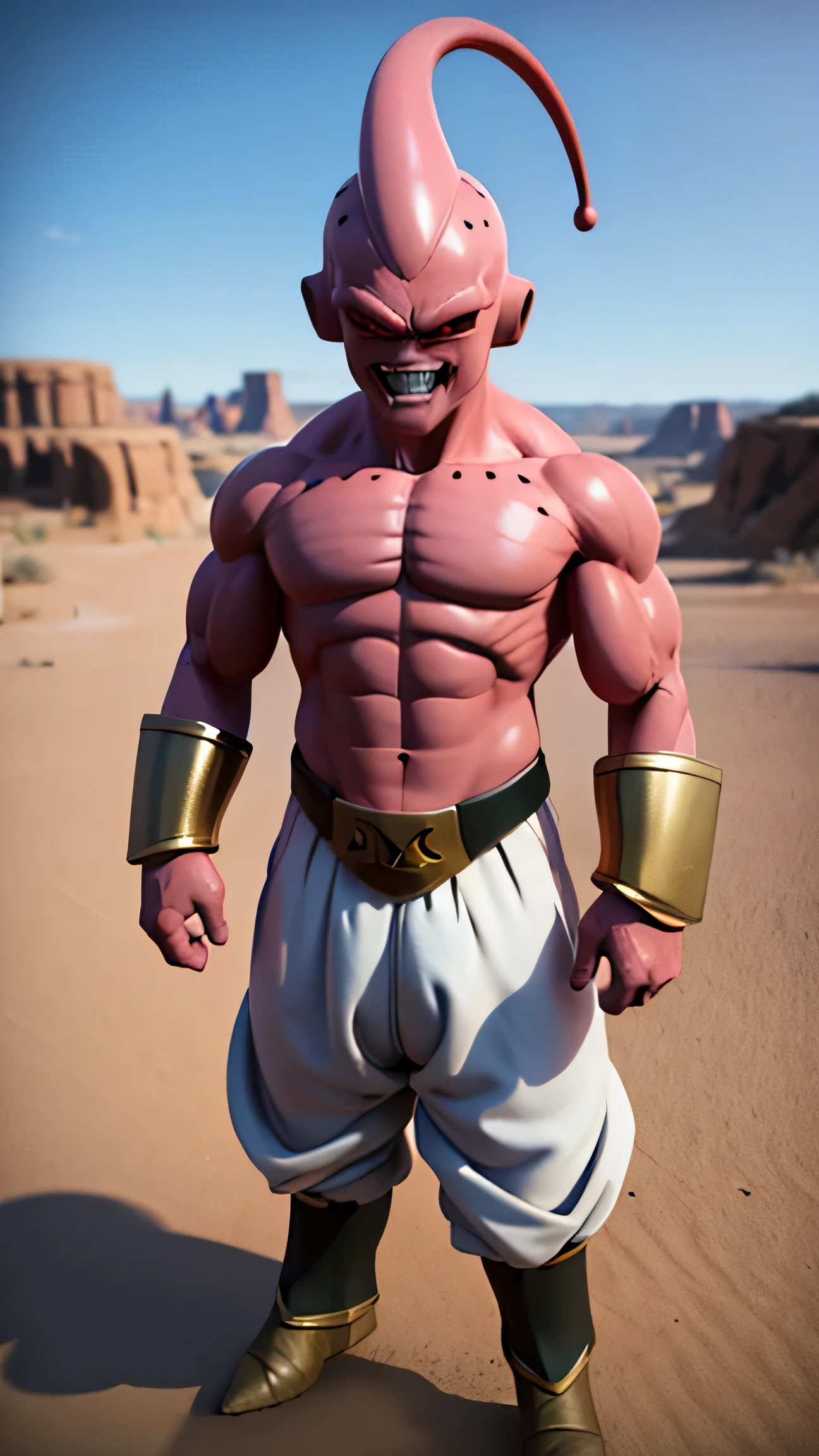 8k igh detailed illustration A pink-skinned humanoid creature with curved antennae on the top of its head, muscular and tall, showing a confident evil smile. He wore loose white trousers, a black belt with a gold 'M' symbol in the middle, and black bracelets on both wrists. Brown shoes and bulging muscle details,is floating loudly in the sky.Ultra-defined muscles, cinematic lighting, realistic shadows, anime-inspired facial features, dramatic atmosphere. Highly detailed 3D render style, semi-realistic body proportions, inspired by Dragon Ball Z characters, Unreal Engine quality, 8K, photorealistic desert environment