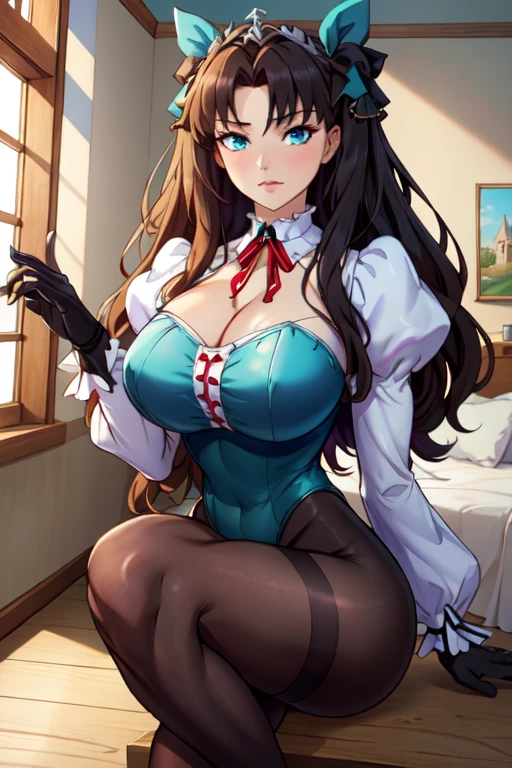a woman, beautiful librarian, tall (1.80), sexy body, seductive body, adult body, body proportionate to her age, age around 20 years old, adult, Erina Nakiri, woman librarian, long hair, black hair, straight hair up to the back, wearing earring, silver earring, sapphire blue eyes, small nose, well-proportioned nose, aligned nose, professional face, perfect face, delicate face, extremely feminine face, passionate smile, light smile, adult woman wearing formal black dress , medieval style, black skirt, stockings and high heels, ((above average breasts)), perky breasts, promotional breasts on the body, perfect waist, above average ass, black lace fishnet stockings, office environment, sitting on a chair, inside an old library, futuristic library, with open window showing the sunset, posing from the front, looking at the viewer.