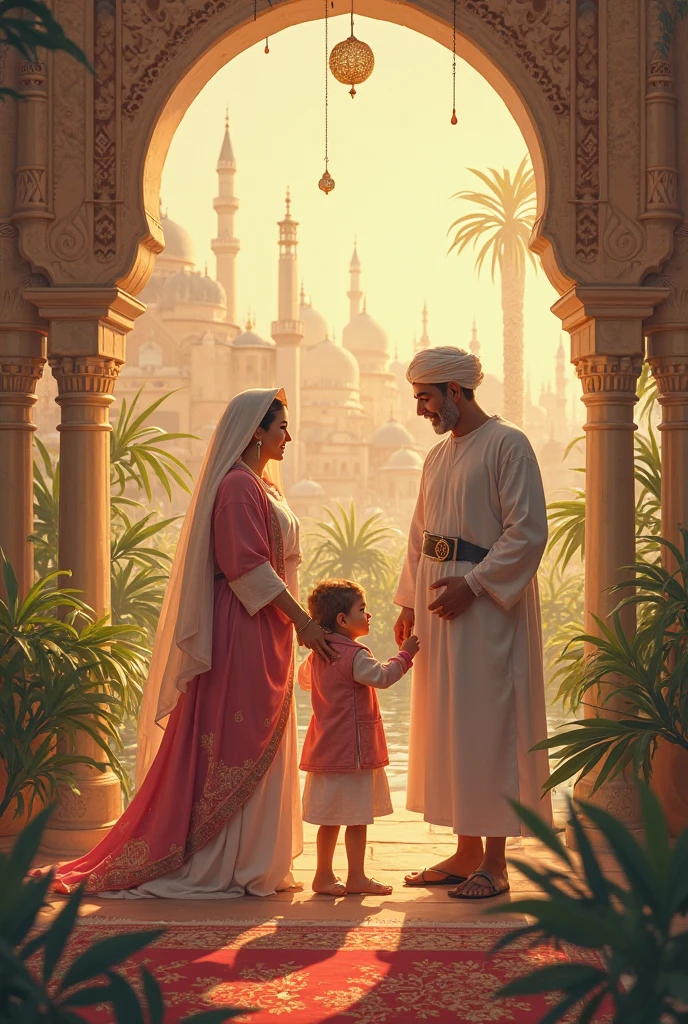 3D wallpaper of a handsome young Arab wearing a turban on his head, seen carrying his old mother behind him and wearing a headscarf in the desert of the holy land of Mecca and looking at the Kaaba