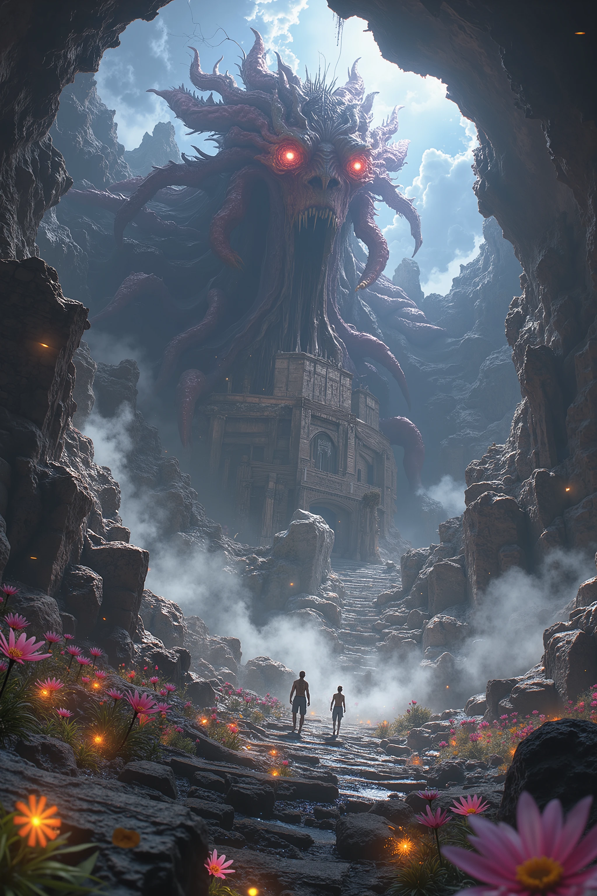 Collapsed giant dungeon, (breathtaking alien giant creatures in the landscape), Lots of luminescent plants, Severe Sandstorms , space-time distortion, thunder