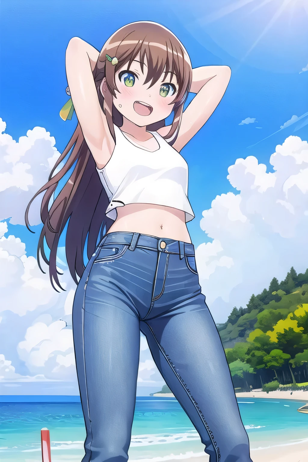 masterpiece, best quality, ultra detail, ((Perfect Face, perfect eyes, perfect hair, perfect arm)), 1girl, pretty, petite, ((round face, ecstasy, orgasm face, drooping eyes, shame smiling, blush)), dropping eyes, sleepy, Open mouth, ((White teeth)), background((under the beach, (day:1.2), ocean, sunny, bright sky)), koshigaya_komari_nonnonbiyori, (green eyes:1.2), (brown hair:1.2), crossed bangs, hair between eyes, hair ornament, flower ornament, (long hair:1.4), (straight hair:1.7), ((arms behind head, hands behind head, fingers behind head)), ((contrapposto)), spread armpits, looking at viewer, (white tank top:1.2), (white crop top:1.2), (jeans pants:1.2, flares jeans:1.2, skinny jeans:1.2, blue jeans:1.2), standing, (legs spread:1.4), sex pose, Sweaty crotch, Steam from the crotch, from below, whole body