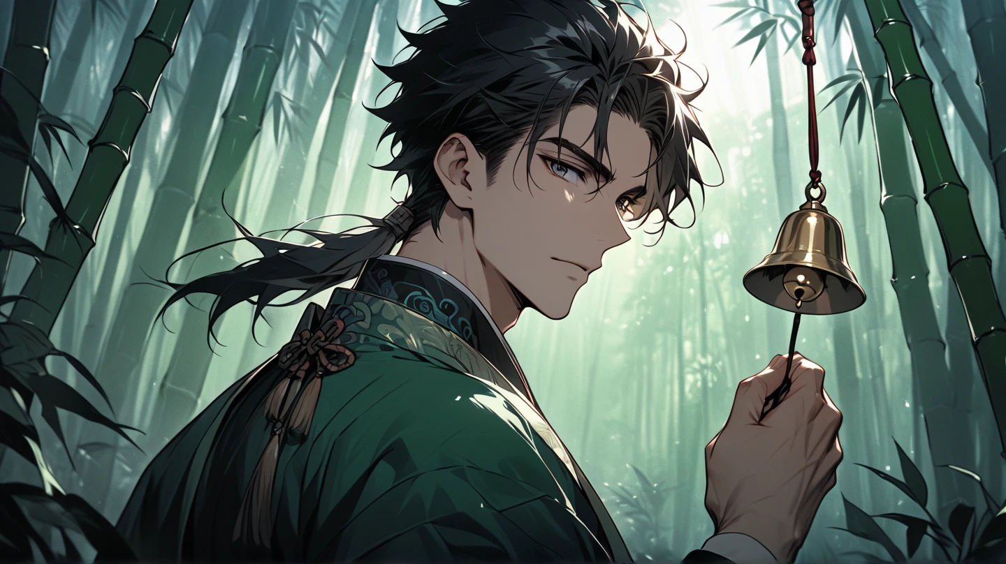 adult man, male, serious, very long dark green hair, high ponytail, yellow eyes, green Chinese form, general hanfu, metal elements, spirit of dragon, Masterpiece, best quality, Full HD, 8k, ultra details, great graphic