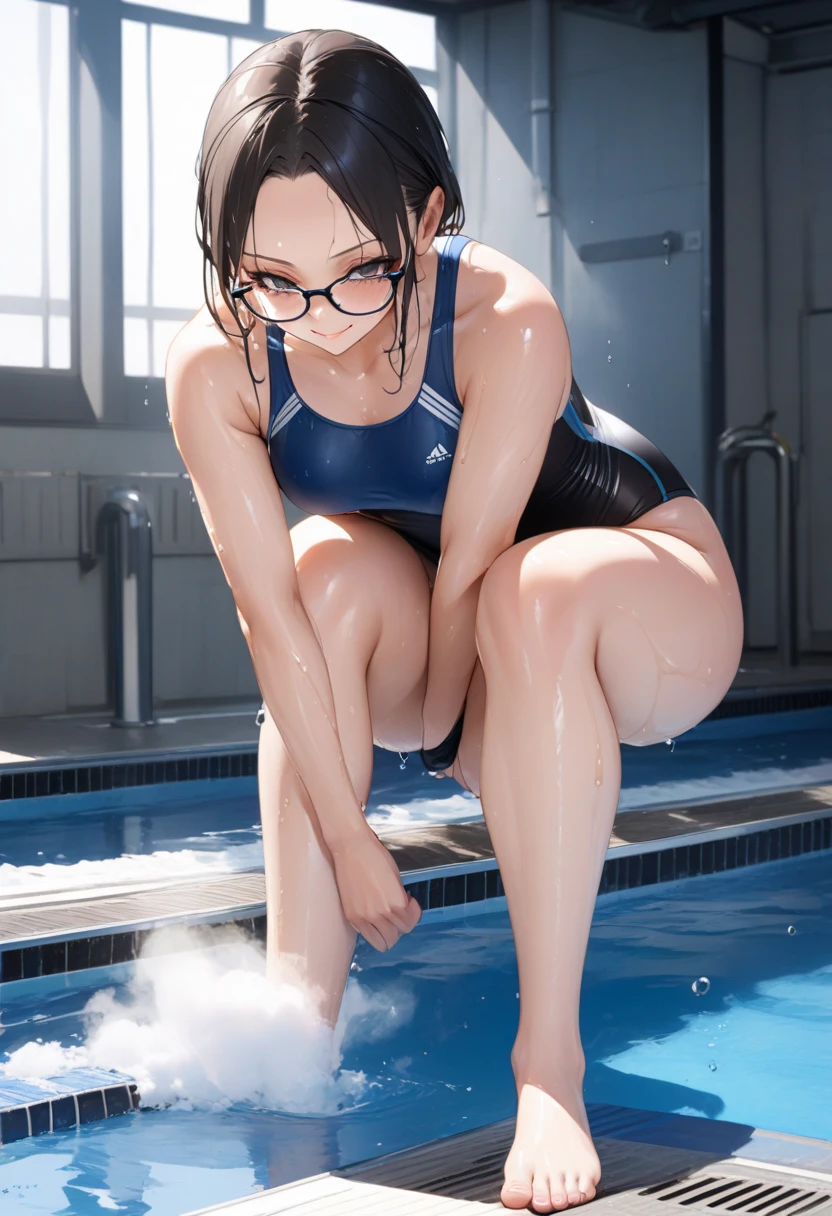 Woman in blue little swimsuit sitting on the floor, wearing a small high-leg swimsuit, chun li at the gym, Wet swimsuit, [ 4 kフォトリアリズム ]!!, [ 4 kフォトリアリズム ]!!!, Swimsuit, glossy wet skin!!, sweaty wet skin, Ilya Kuvshinov. 4 k, the anime girl is crouching, mei from overwatch((top-quality))、((​masterpiece))、1girl Marupu、Beautiful fece詳細な目と顔、pretty skin、a very cute、22year old、School swim wear(darkblue、 Design、Matte texture、Wrinkle、Polyester material、Nero、shadings、)Wet body、Anime Face、Beautie、Facing the front、big eye(Beautiful fece、Anime Face、クリアアイネディテールBeautiful fece目)Well-formed face(Beautiful nasal muscles、Perplexed、sharp mouth)full of sweat、sodden、Wet feeling、Background with(sunny sky、takeout)、8K picture quality、((small tits))、flat chest, A slender、red blush、female focus on,  hair adornments,length hair, Look at viewers,drooling between wet crotches