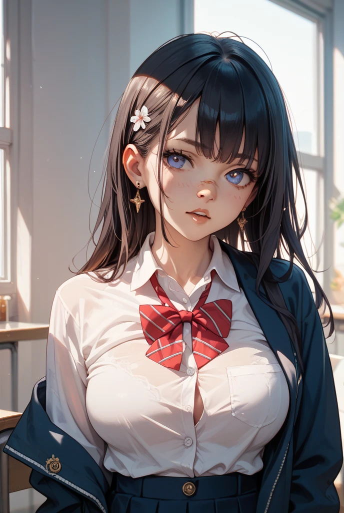 ((best quality ,masterpiece, top quality, ultra detailed, high-resolution, HDR, unity 8k wallpaper, extremely detailed CG, beautiful detailed, depth, fine-textured, super fine, crisp)), Room, Window, student council room, beautiful professional lighting , beautiful deatailed shadow, beautiful intricate composition, 1 Girl, (open shirt:1.8),(show off nipples:1.6), (exposing bare breasts:1.3), (exposed chest:1.3), (no bra:1.3) Detailed eyes:1.3, Detailed face:1.3, Change the expression without changing the face:1.5, mysterious, very bright colors, Soft Smile, looking at the viewer,beautiful fingers, beautiful hands, fingertip, nail, (pale red eyes:1.6), (short hair), (black hair) , small breasts, (eyelashes), slender, ponytail, (parted_bangs), shinomiya_kaguya, (perferct fingers), (perferct hands),kaguya shinomiya,folded ponytail, dress, collarbone, black dress, (school uniform), (shuuchiin academy school uniform), long sleeves, armband, ribbon, (red ribbon, neckband), (shy), (blush), smile,