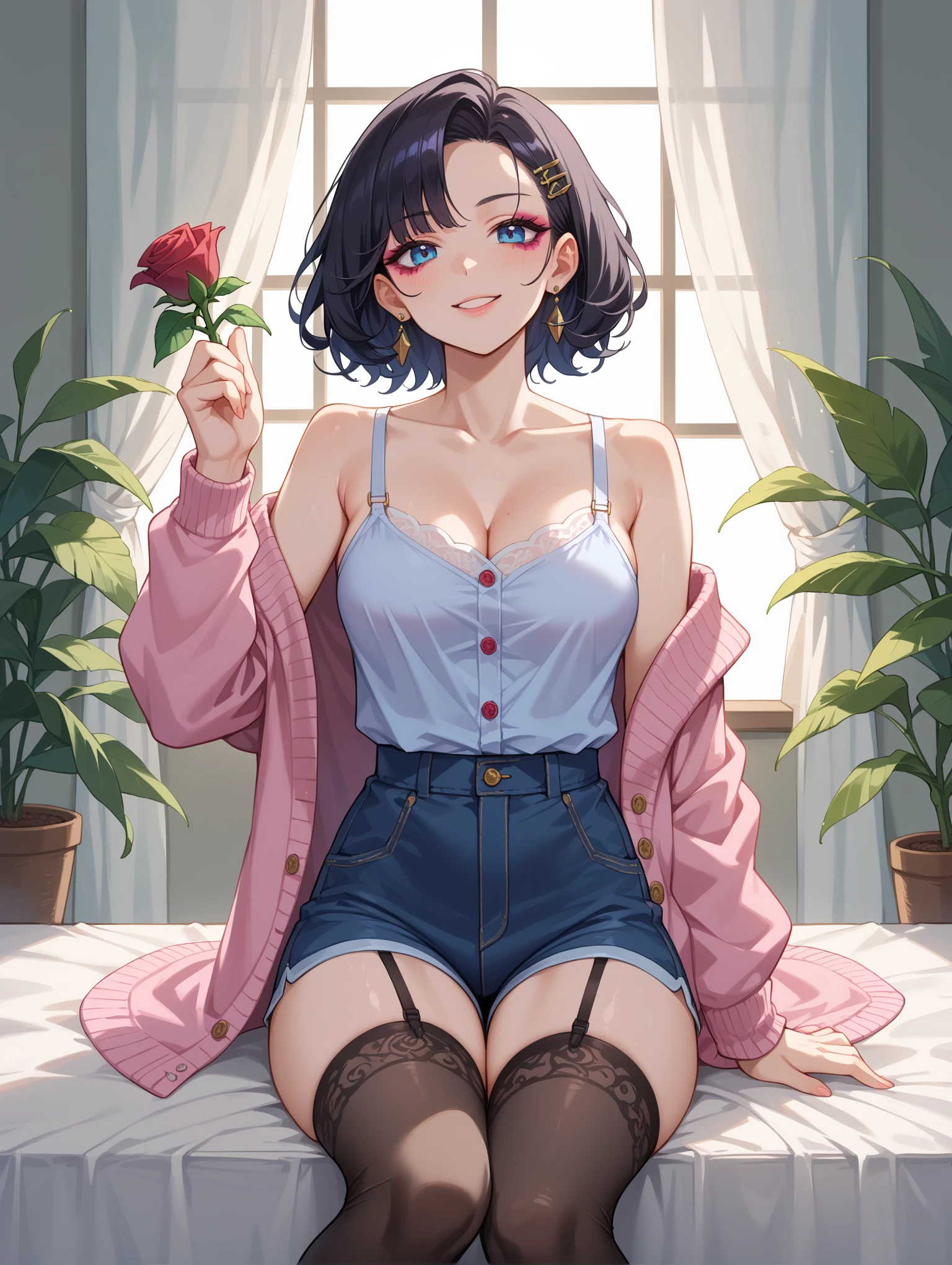 A beautiful character with small round transparent glasses, well made-up with red lipstick, brown eyes, short curly black hair, earrings, a necklace, a pink lace outfit, high heels, sitting in a. A flowery square chair in a beautiful place with an ice cream in your hands