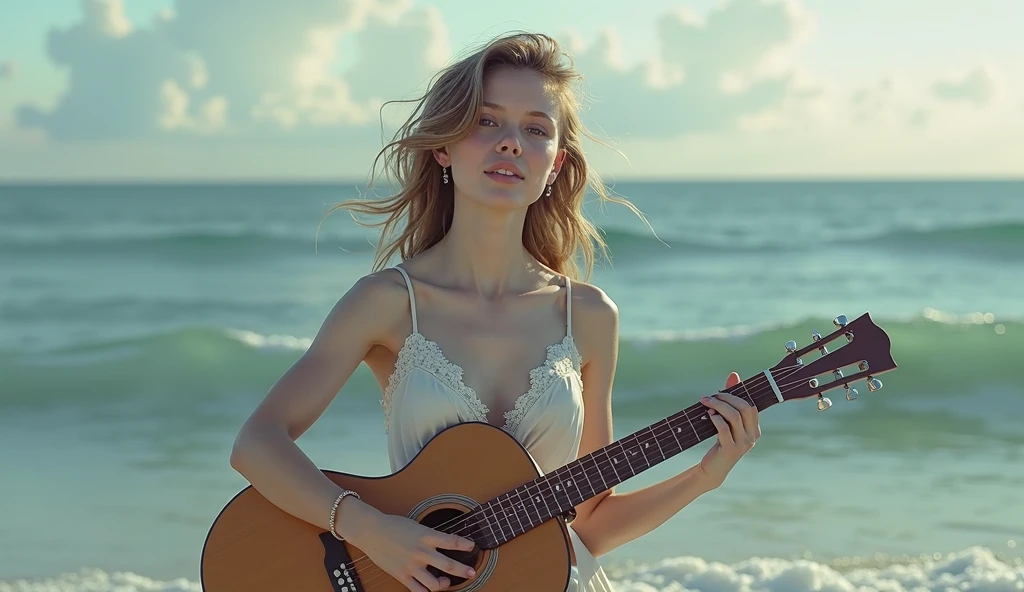 ((best quality)), ((masterpiece)),(detail), perfect face, full body shot of Jennifer Lawrence playing guitar by the beach, wearing an angel dress, 90s scene, sunset at sea, retro vintage and romanticism, bokeh background, hyper-realistic photos, 8k , ultra high resolution, sharp faces