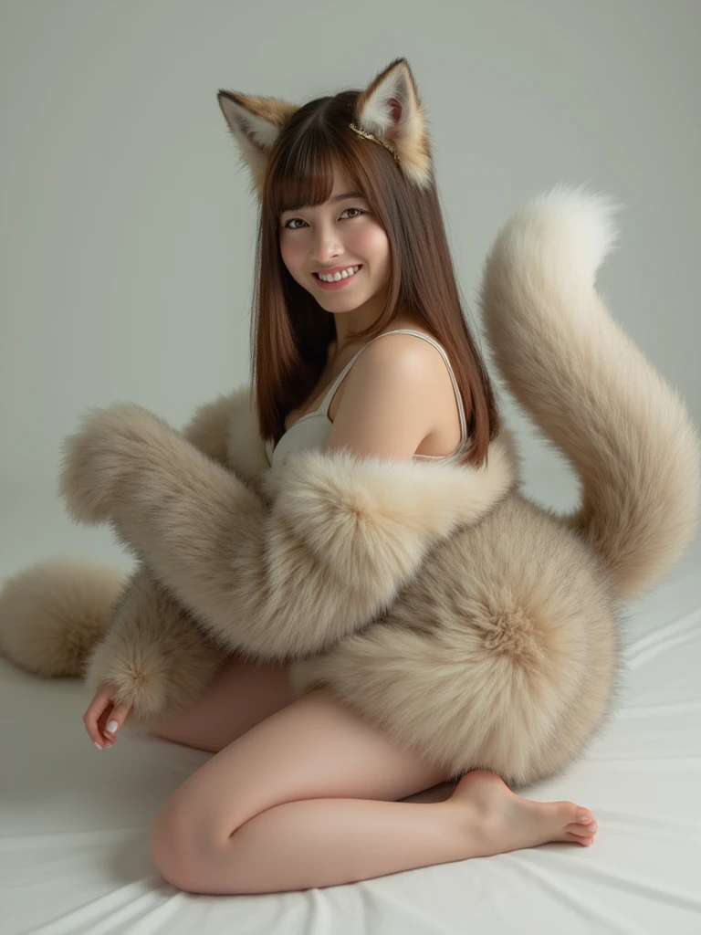((highest quality, 32k)), ((masterpiece)), (Familiar), Perfect Face, raccoongirl, Beautiful woman, public, Has a tail, She has a northern fox tail., She stands up her fluffy tail, Dog collar, Beautiful hip line, Big Breasts, she is wearing shorts, A big tail sticks out, smile, Climb on all fours, Nice body