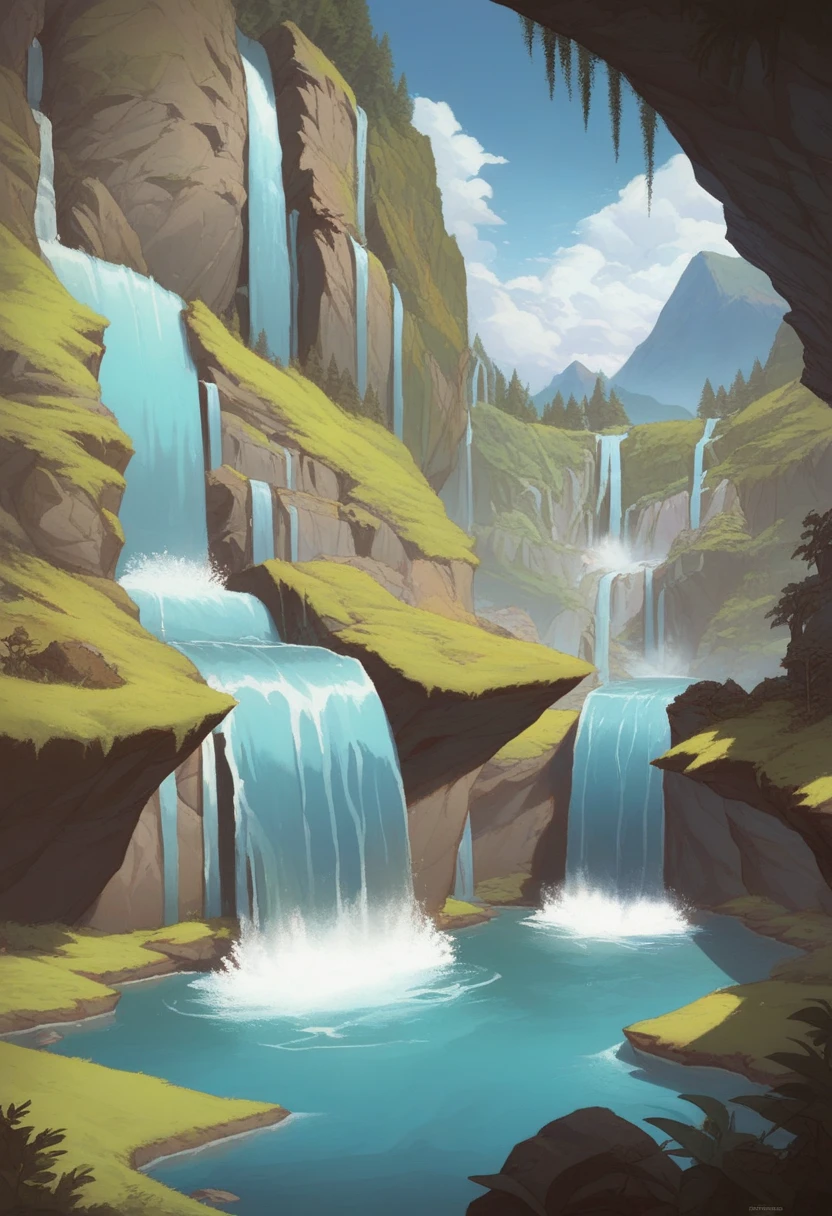 There is a waterfall cascading down the side of the cliff,  Mountain Gorge , waterfalls and lakes, Lakes and waterfalls , There is a waterfall and river,  Between Gorges ,  Inside the Gorge , Near the waterfall, There is a waterfall, Waterfall in the background, tree々とWith waterfall, With waterfall, With waterfall洞窟で, Waterfall in the background