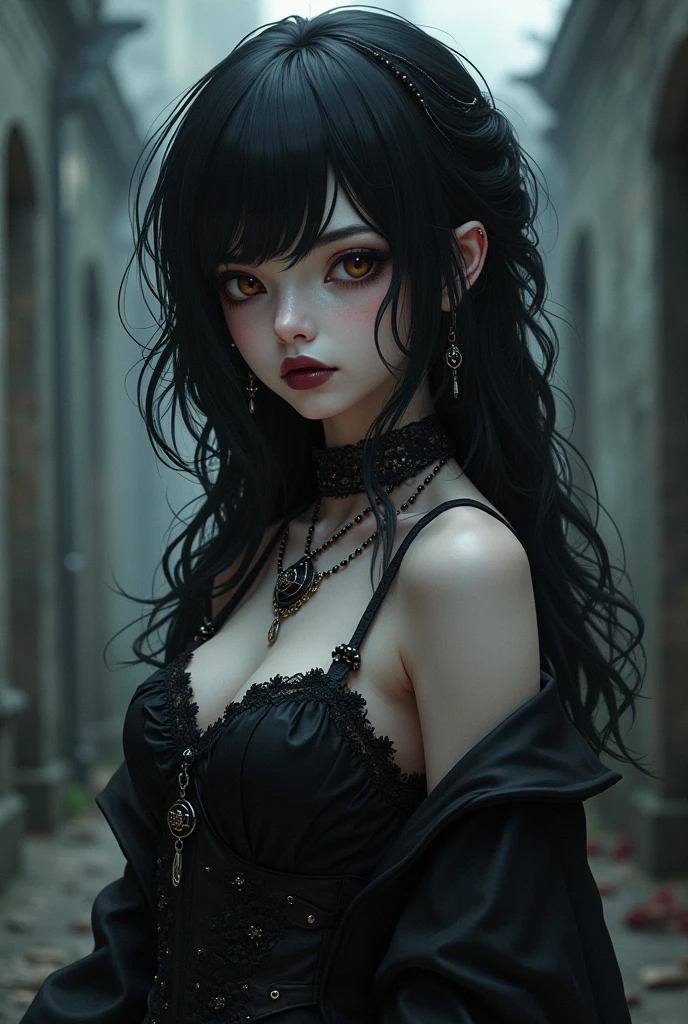 ((face close up, face shot)) ((Sexy, tall and very beautiful goddess of death)) ((dark eyeshadows make up)) ((bright red lipstick)) ((very pale skin)) ((big bright grey eyes)) ((very long straight black hair with bangs covering one eye)) ((big breasts:1.5)) ((wear black corset, skulls ornaments)) ((gold jewelry, choker)) ((gothic ballroom at night)) ((dark fantasy)) ((aura of light around her)) ((high definition:1.5), ((gloomy ambient)) ((pale lights)) ((masterpiece:1.5))((8k:1.7)) ((Best quality:1.4)), more_details:-1, more_details:0, more_details:0.5, more_details:1, more_details:1.5,