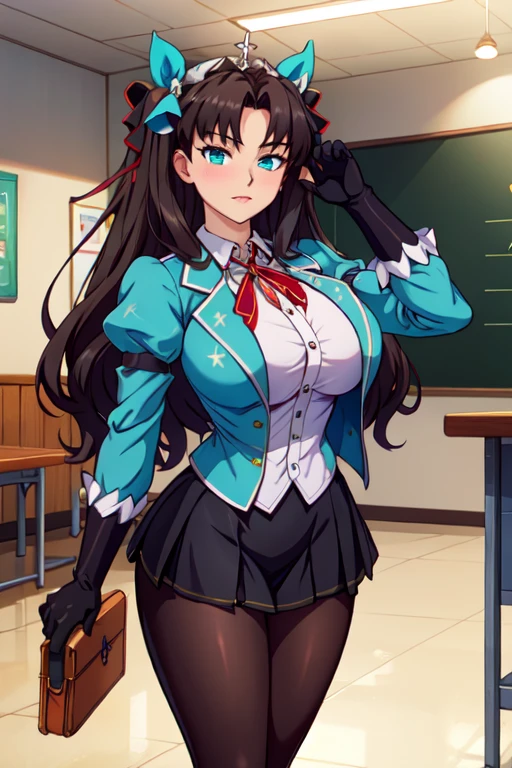 high quality，masterpiece。cute long black hair woman，Hairstyle is long straight。She stands upright with her face and body facing the viewer，true identity。her hands are empty，Both hands are not posed。she looks tall。Her breasts are huge and very big，Good style。She has a cute face that looks good with glasses and is smiling with her glasses on.，Both eye colors are brown。Clothes: dark blue school uniform，navy blue blazer，navy blue skirt。black stockings on both legs。she is standing，The place I&#39;m standing is the classroom。