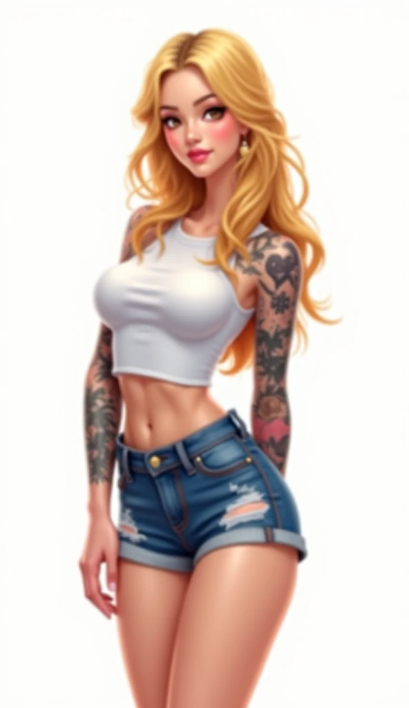 tall woman(blue eyes; long wavy blonde hair; big breasts; pale skin tone; glowing LED tattoos; soft-features), Disney-style cgi, walking through the park with a sultry smile; sunny day in the park; futuristic; dystopian; cyberpunk; best quality; trending on artstation; complex volumetric lighting; wearing jean-shorts.