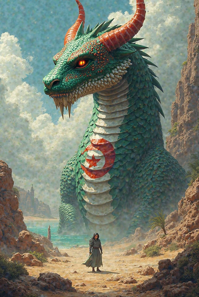 Mobis (Jean Giraud) Style - A picture by Jean Giraud Mobis, The picture shows three sad dragons resting by the water, Huge silver pyramid background,western backdrop in Mobis' signature style with sharp detailing and vibrant colors. Shot with Panavision Panaflex Gold II and Ultra Panavision 70 lenses, The image is full of film grain and low-key lighting,It creates a mysterious and tense atmosphere.