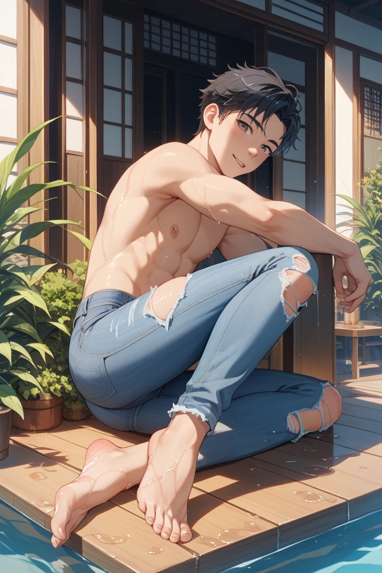 ((8K:1.2),masterpiece, Highest quality, Ultra-high resolution:1.25) beautiful boy anime face, sweet body, 17 old a boy, face and body emphasis, gay anime hentai, tall boy, no underwear, bedroom alone, sexy pose, blushing and smile face, shirtless body, short hair, black eyes, micro denim shorts, high legs, want sex, prostitute boy, full body, crotch emphasis, crotch touching