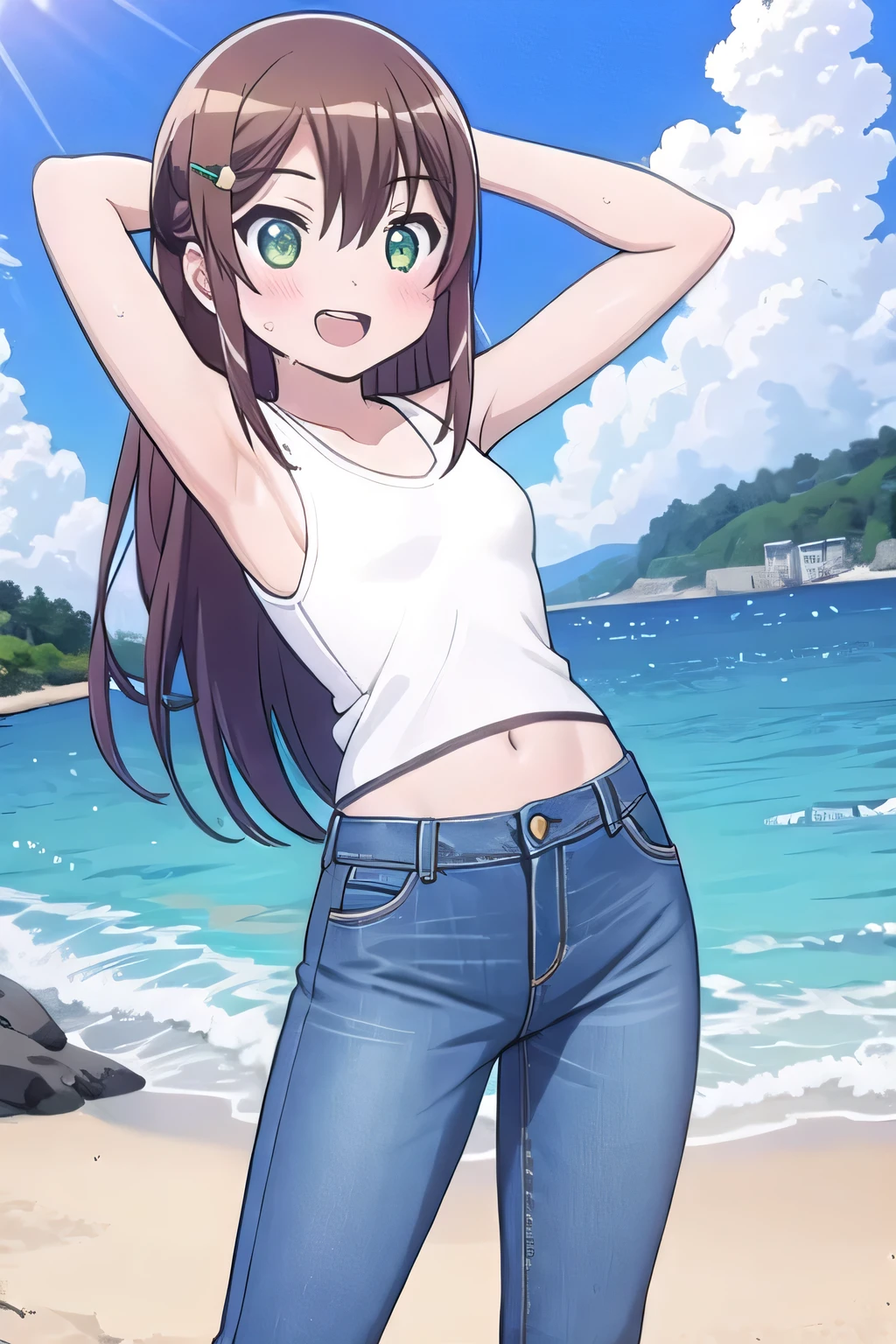 masterpiece, best quality, ultra detail, ((Perfect Face, perfect eyes, perfect hair, perfect arm)), 1girl, pretty, petite, ((round face, ecstasy, orgasm face, drooping eyes, shame smiling, blush)), dropping eyes, sleepy, Open mouth, ((White teeth)), background((under the beach, (day:1.2), ocean, sunny, bright sky)), koshigaya_komari_nonnonbiyori, (green eyes:1.2), (brown hair:1.2), crossed bangs, hair between eyes, hair ornament, flower ornament, (long hair:1.4), (straight hair:1.7), ((arms behind head, hands behind head, fingers behind head)), ((contrapposto)), spread armpits, looking at viewer, (white tank top:1.2), (white crop top:1.2), (jeans pants:1.2, flares jeans:1.2, skinny jeans:1.2, blue jeans:1.2), standing, (legs spread:1.4), sex pose, Sweaty crotch, Steam from the crotch, from below, whole body