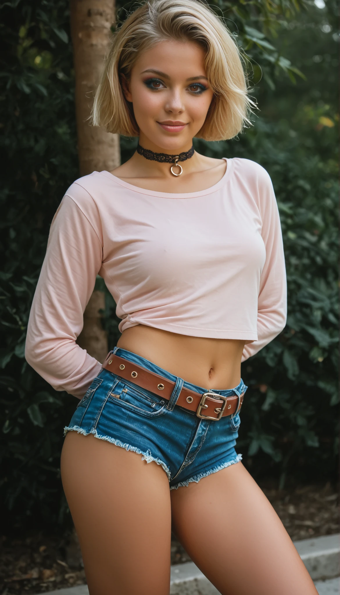 Darker-skinned blonde girl, model, italian face type, too much very tanned, perfect cute features, brown eyes, dimples, summer makeup, short blonde hair, bob hairstyle with straight bangs, bangs are a must, sexy figure, hands behind her back, bad girl punished, slave choker, girl wears cropped pink blouse with long sleeves and too much very short denim micro-shorts with a belt, shorts completely expose legs, long slender tanned legs, girl posing flirtatiously, too hot summer, hot summer outfit, Daisy Dukes style, american Hollywood style, 80s vibe, Miami Vice, hyperrealism, bright colors, studio photoshoot