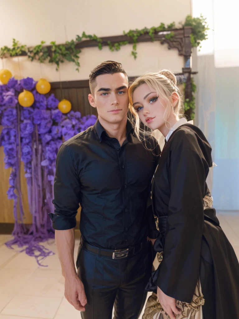 24-year-old girl with slanted green eyes of 1.60cm , delgada y con curvas, mirada fuerte y narcisista, long white hair with a black dress next to a 28-year-old boy with 1-year-old black eyes.90cm, athletic, mirada fuerte y oscura, cabello corto ondulado de color negro, vestido con traje negro,video game character design 