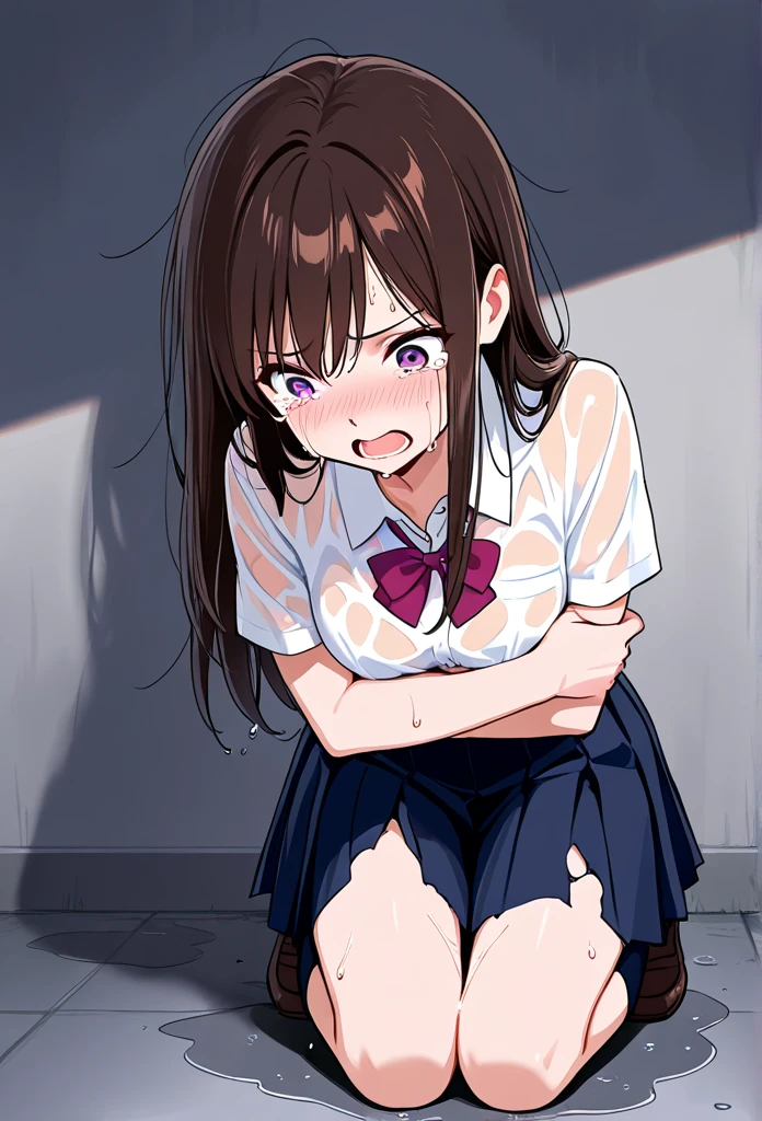 Top Quality, Masterpiece, High Definition, Very Detailed, 8k, One Girl, Cute, Anime, Crystal Clear White Skin, Asian Girl, Sensual, Full Body, Young, Junior High School, 13 Years Old, Child, (Hair color is light pink), School hallway, Summer cute uniform, Hair rises fluffily, Miniskirt, Lift-up skirt, Crying loudly, Close both eyes, scream, Awesome anger, High angle, crying, Looking up, front