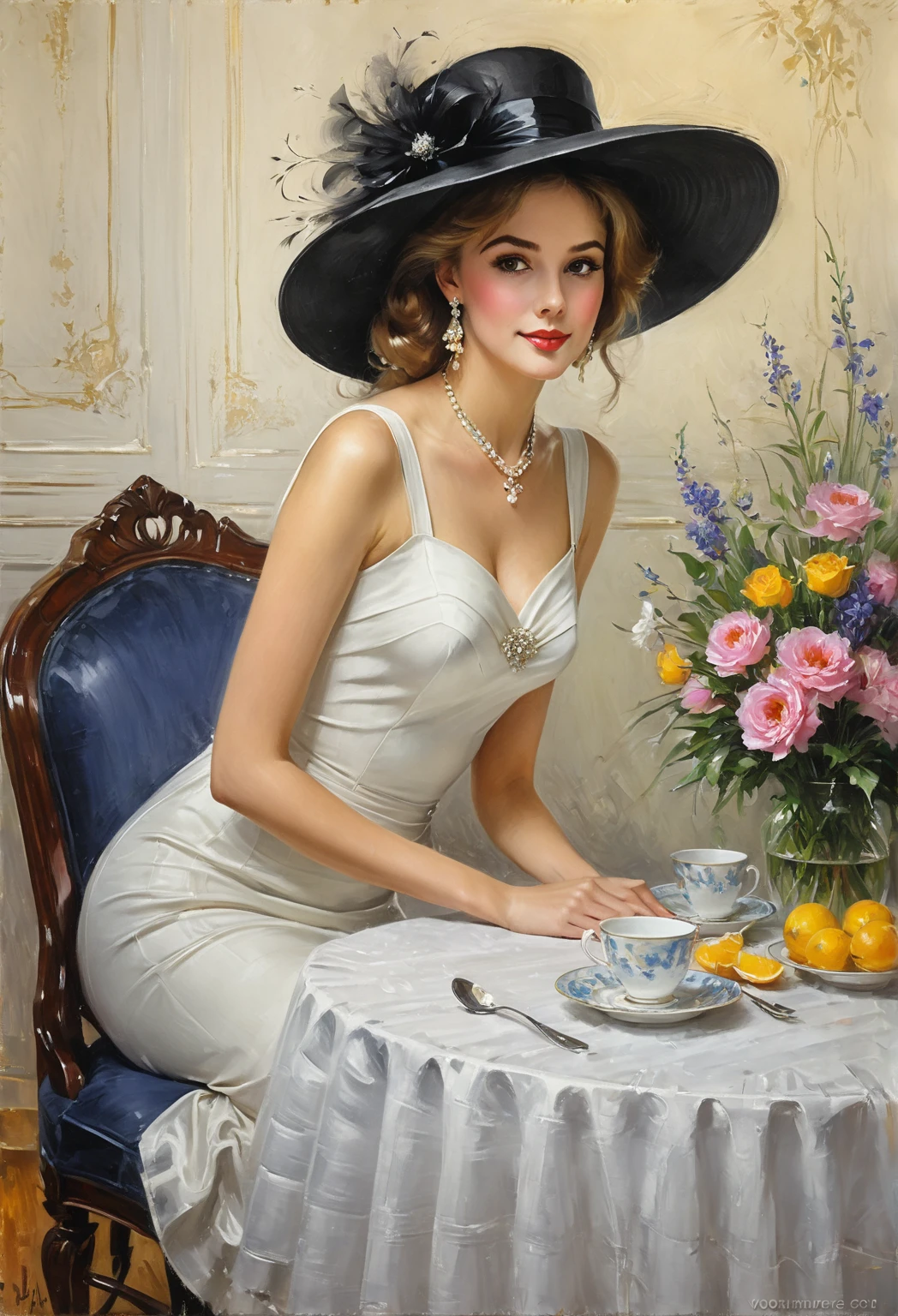 painting of a woman in a white dress sitting in a chair, konstantin razumov, ( ( konstantin razumov ) ), volegov, by Vladimir Baranov-Rossine, by Henryk Siemiradzki, vladimir volegov, garmash, by Michael Garmash, michael garmash and, a beautiful woman in white