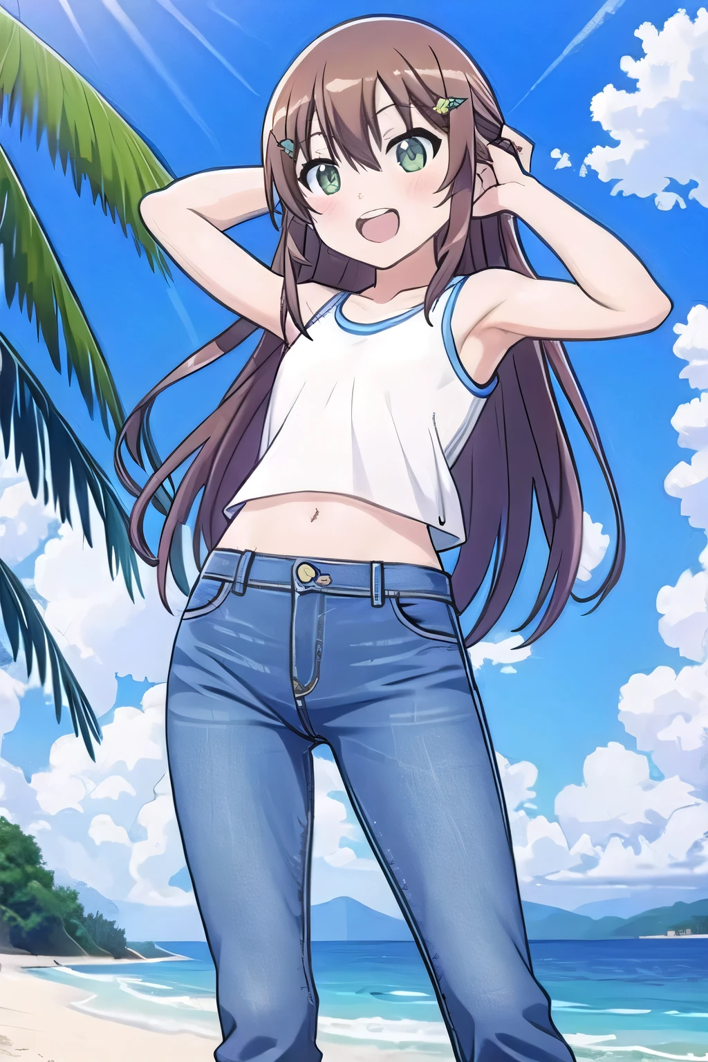 masterpiece, best quality, ultra detail, ((Perfect Face, perfect eyes, perfect hair, perfect arm)), 1girl, pretty, petite, ((round face, ecstasy, orgasm face, drooping eyes, shame smiling, blush)), dropping eyes, sleepy, Open mouth, ((White teeth)), background((under the beach, (day:1.2), ocean, sunny, bright sky)), koshigaya_komari_nonnonbiyori, (green eyes:1.2), (brown hair:1.2), crossed bangs, hair between eyes, hair ornament, flower ornament, (long hair:1.4), (straight hair:1.7), ((arms behind head, hands behind head, fingers behind head)), ((contrapposto)), spread armpits, looking at viewer, (white tank top:1.2), (white crop top:1.2), (jeans pants:1.2, flares jeans:1.2, skinny jeans:1.2, blue jeans:1.2), standing, (legs spread:1.4), sex pose, Sweaty crotch, Steam from the crotch, from below, whole body